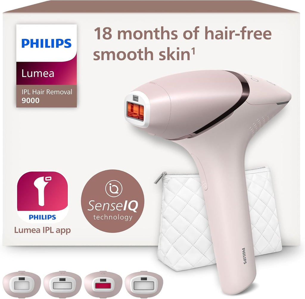 Philips Lumea IPL Serie 9000 – Epilatore a luce pulsata con tecnologia SenseIQ, 4 accessori per corpo, viso, zona bikini e ascelle, senza filo (modello BRI957/00)