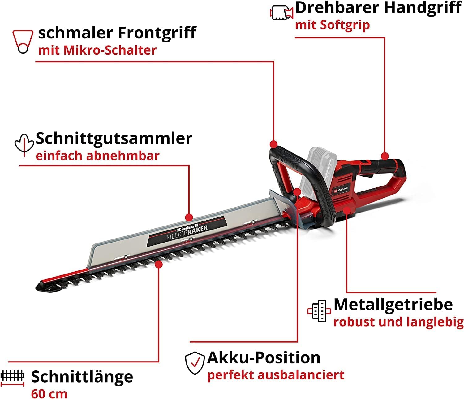 Einhell Tagliasiepi a batteria GE-CH 18/60 Li-Solo Power X-Change (18 V, lunghezza di taglio 60 cm, distanza denti 22 mm, impugnatura orientabile, inclusa protezione antitaglio, senza batteria)