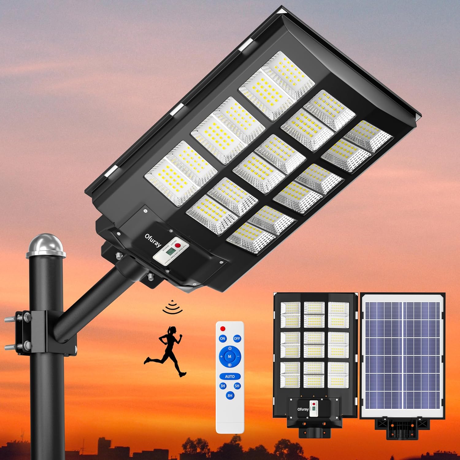 Ofuray 2000W Solar Straßenlaterne für Außen, 200000LM Solarlampen für Außen mit Bewegungsmelder, 6500K Solarleuchten Dämmerung bis zum Morgengrauen, IP67 Wasserdichte wegeleuchte für Parkplatz, Hof