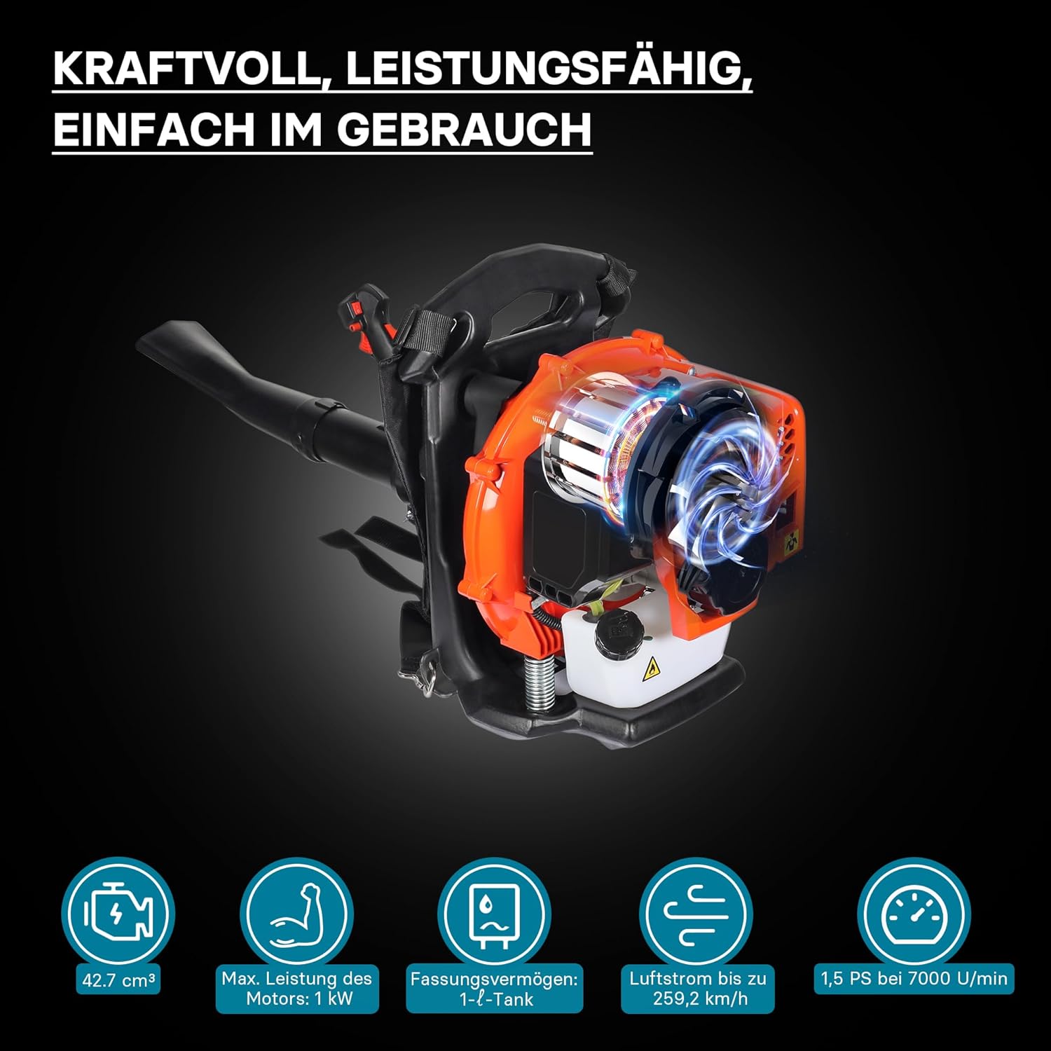 Wiltec 3in1 Laubbläser, Laubsauger u. Laubhäcksler, Laubgebläse 1 PS mit 26ccm, beninbetriebener Laubstaubsauger, Gartenhäcksler mit 50 l Fangsack