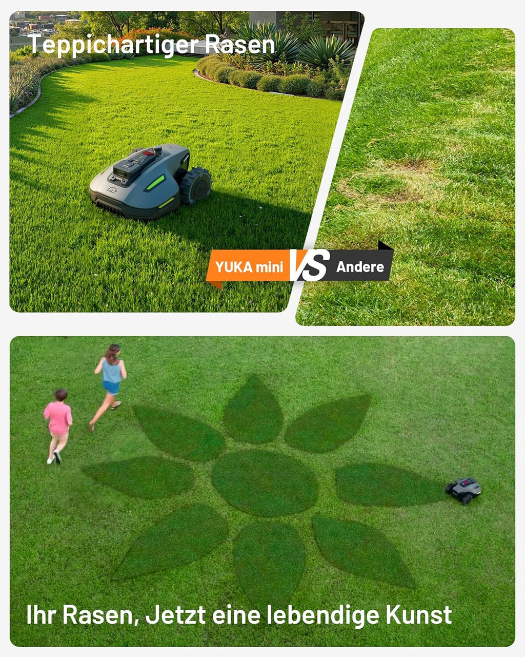 MAMMOTION YUKA Mini 500 Mähroboter ohne Begrenzungskabel, NetRTK+Vision, Keine RTK-Antenne erforderlich, Auto-Kartierung, Empf. 500m², Max. 700m², mit 4G-Modul, 50% Steigung