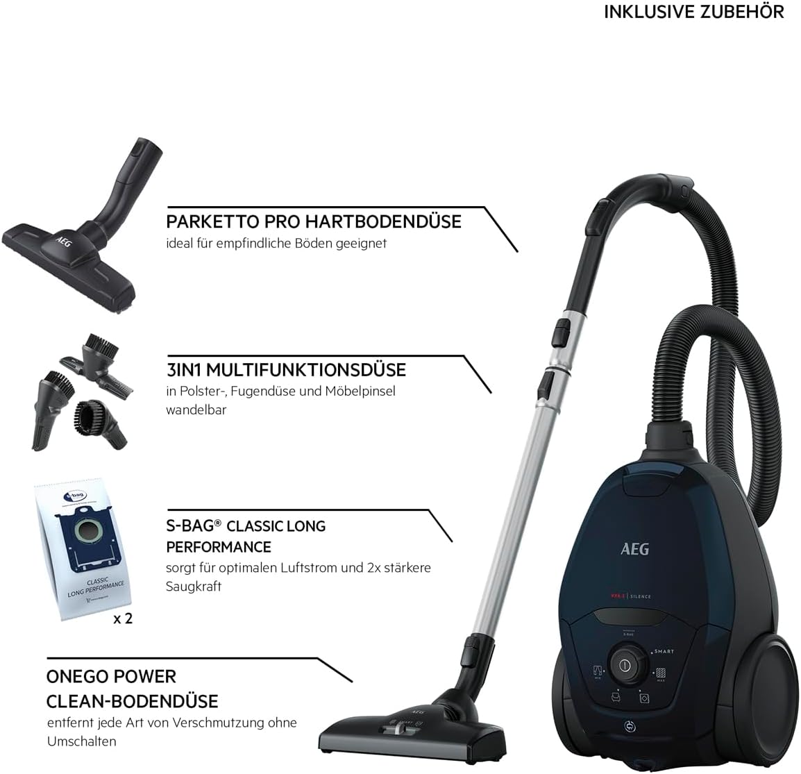 AEG VX82-1-KO Aspirapolvere / 75% materiale riciclato / regolazione automatica della potenza di aspirazione / estremamente silenzioso anche su tappeti / raccoglie particelle grandi + piccole / cavo lungo / 600W / nero