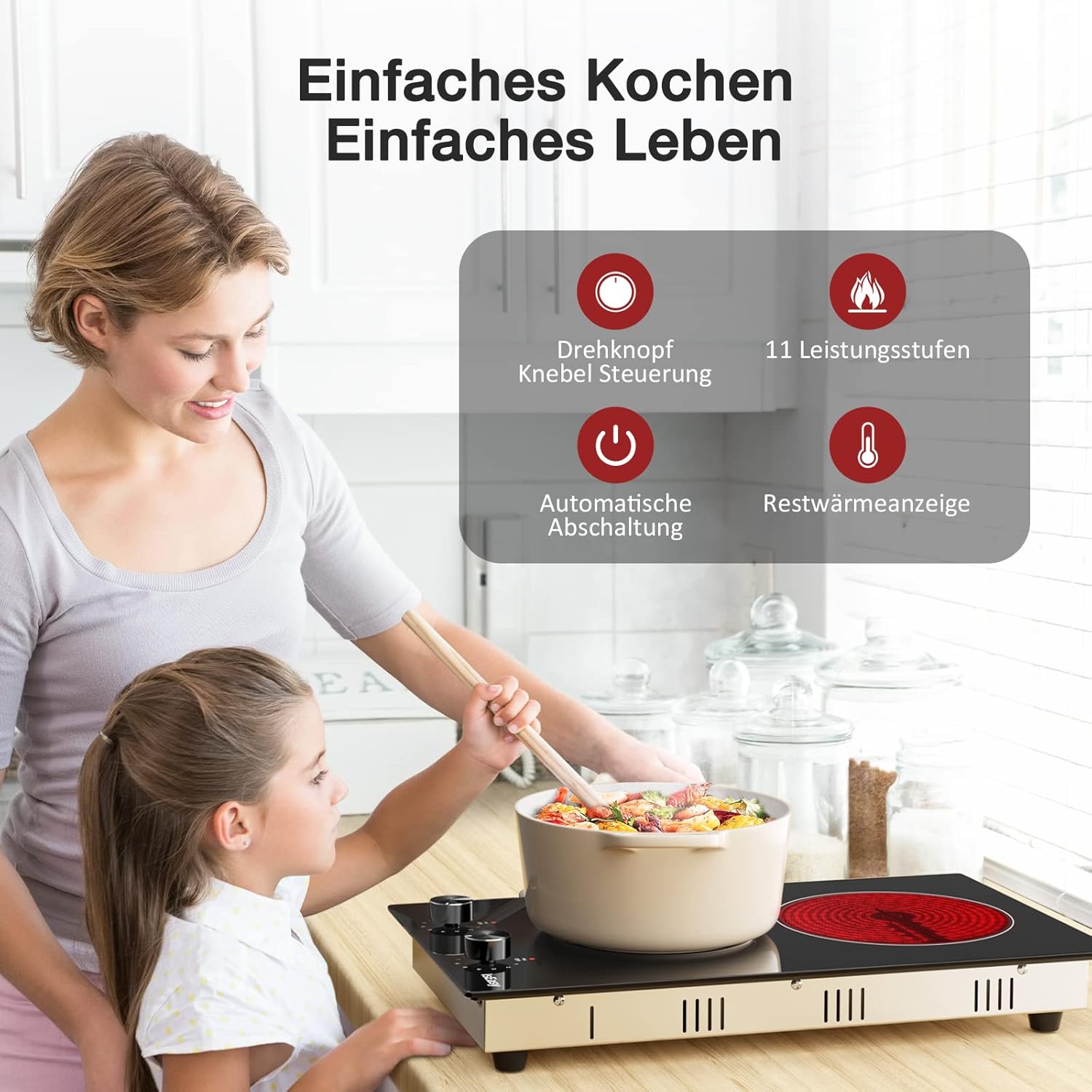 IsEasy 4 Zonen Einbau Induktionskochfeld mit 9 Leistungsstufen &1-99Min Timer, Boost-Funktion, Induktionskochplatte, Induktion Herdplatte mit 4 Platten, 60cm, 6800W, Schwarz