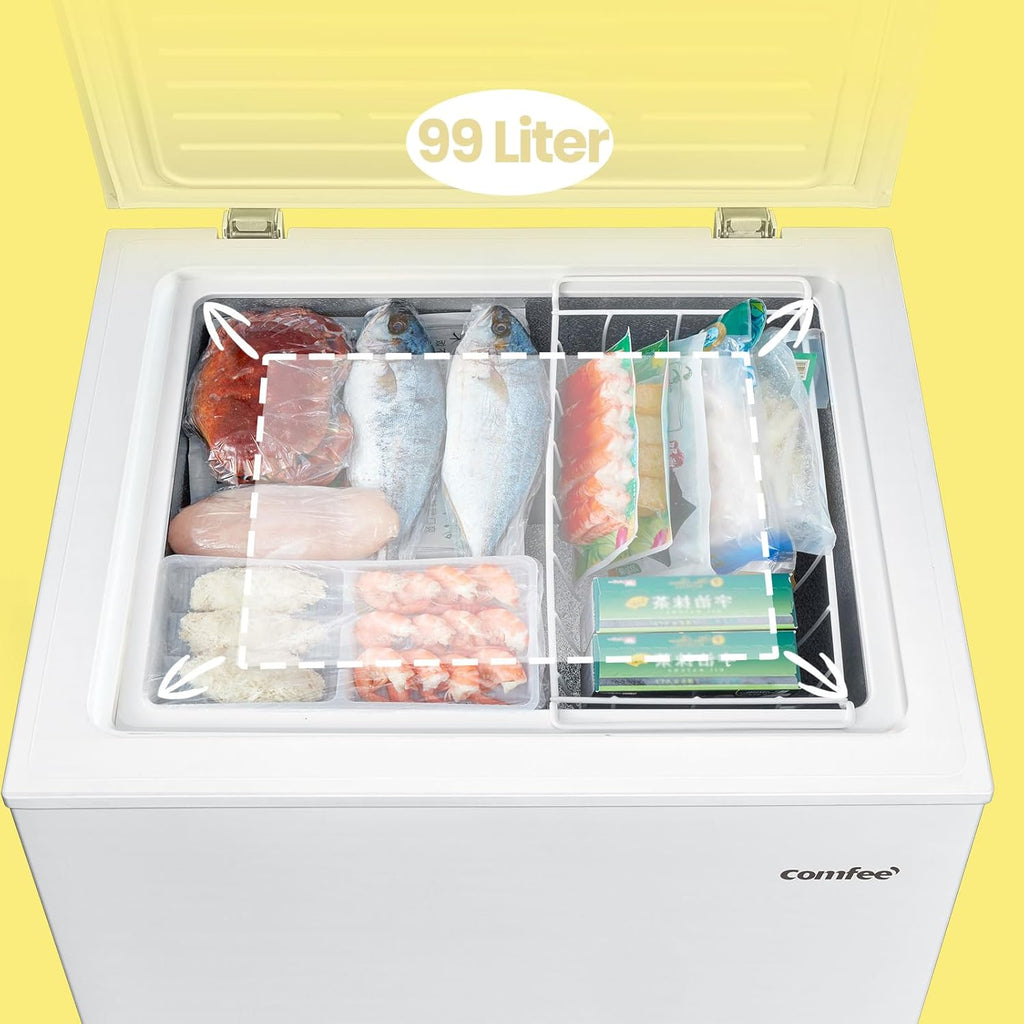 Comfee RCC100WH2(E) Congelatore a Pozzo/169 kWh/anno/85cm di altezza/99L/38dB/Bassa rumorosità/Tubo a D ad alta efficienza/Adatto a diversi scenari d'uso/Termostato regolabile/Bianco