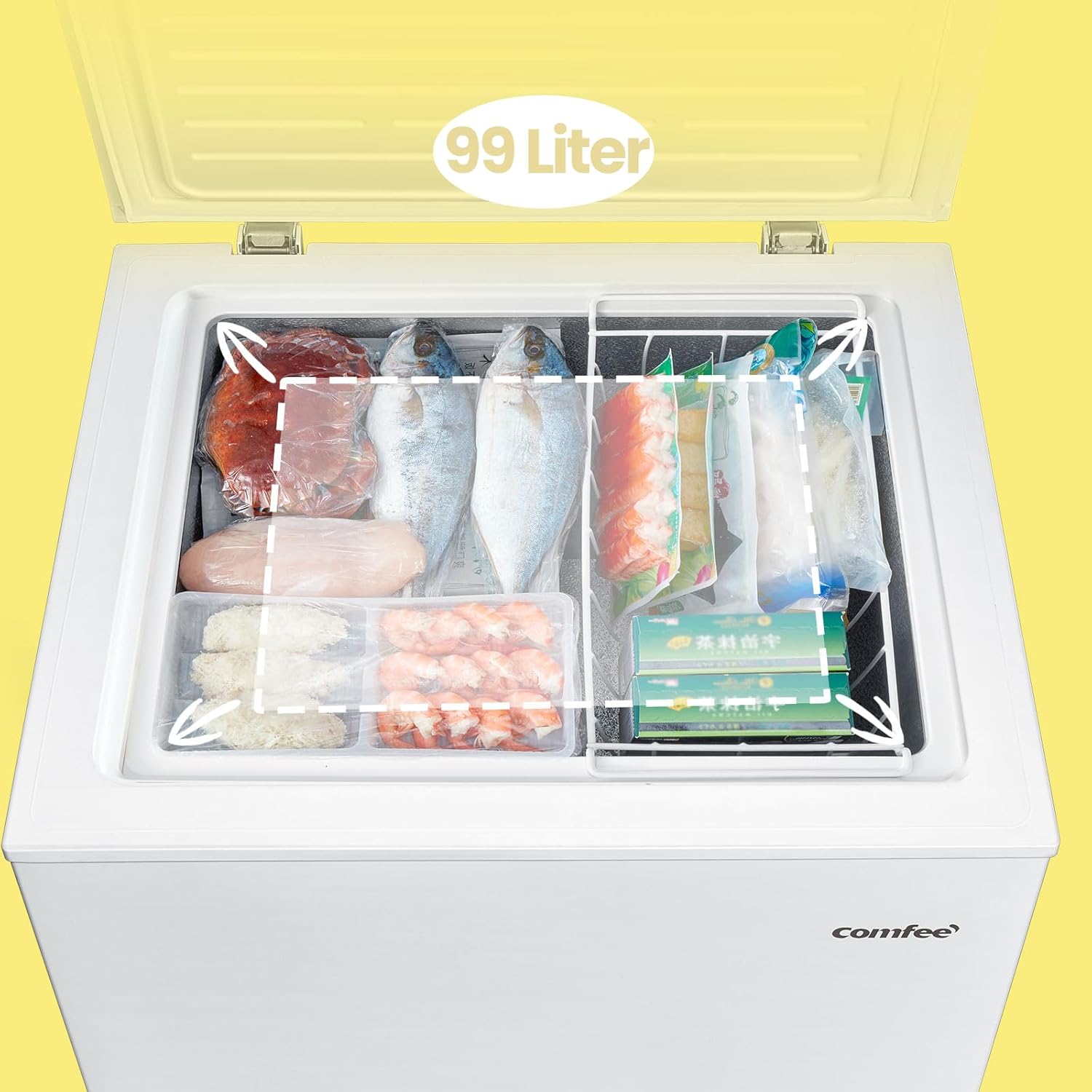 Comfee RCC100WH2(E) Congelatore a Pozzo/169 kWh/anno/85cm di altezza/99L/38dB/Bassa rumorosità/Tubo a D ad alta efficienza/Adatto a diversi scenari d'uso/Termostato regolabile/Bianco