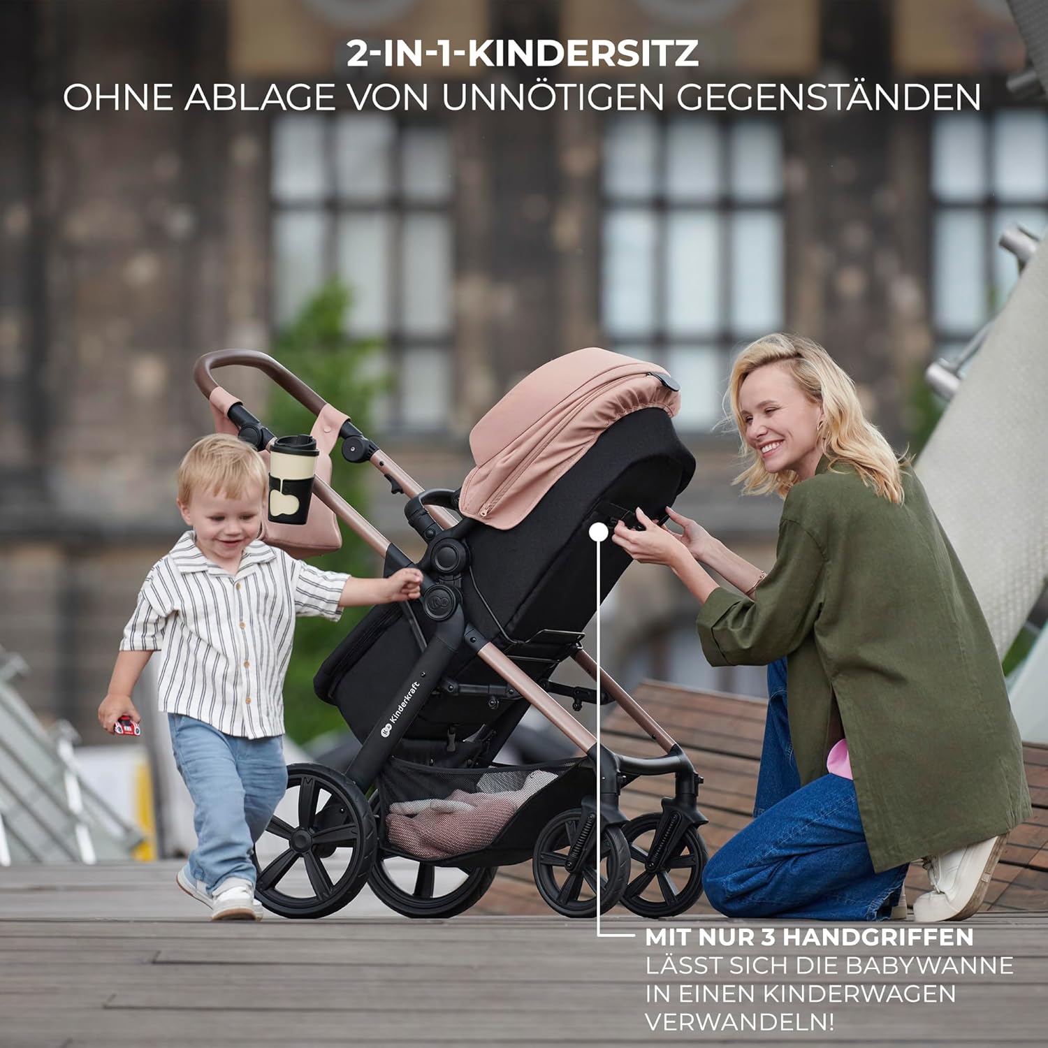 Kinderkraft MOOV2 AIR Passeggino 3 in 1 Set Passeggino fino a 26 kg con seggiolino auto I-SIZE 40-75 cm, funzione passeggino, schienale reclinabile, ampia capottina estensibile, ruote gonfiabili, nero