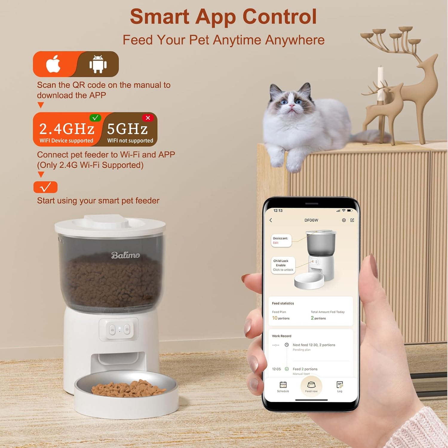 Balimo Futterautomat Katze mit HD 1080P Video, 2,4 G WLAN Katzenfutter Automat mit APP Steuerung und Nachtsicht, 4L futterspender Katze, Katzen Futterautomaten mit Edelstahlnapf, 8 Mahlzeiten pro Tag