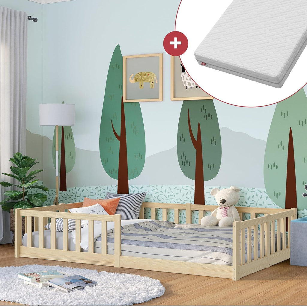 Bellabino Vere Letto a Pavimento 140x200 Montessori, Letto Matrimoniale con Protezione Anticaduta e Rete a Doghe, Letto per Bambini e Bambine in Legno Massello di Pino Bianco con Sbarre