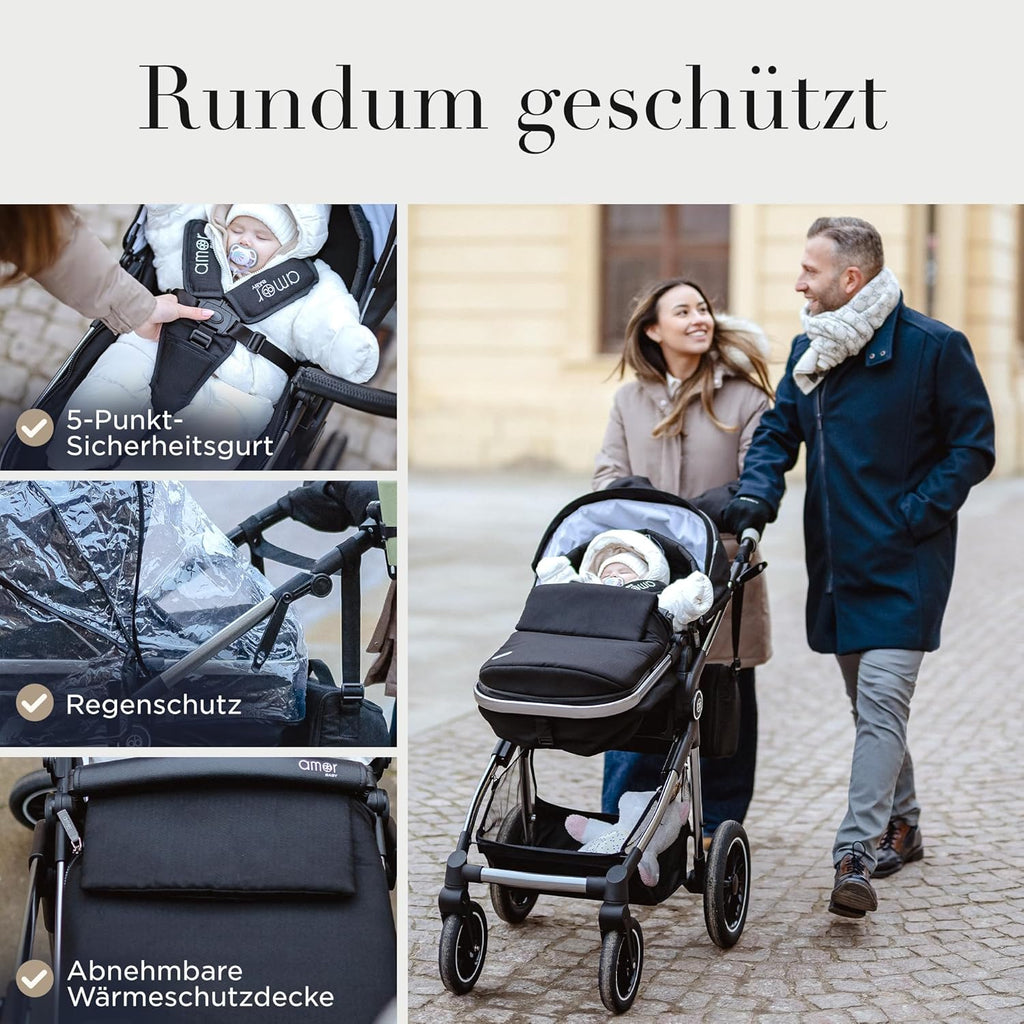 Kinderwagen [3 in 1] - Babyschale, klassischer Babywagen & Autositz in einem Set | Buggys, Kinder Wagen, Baby Stroller | Höchste Sicherheit Inkl. Isofix & 5-Punkt-Sicherheitsgurt | AMOR BABY Primus