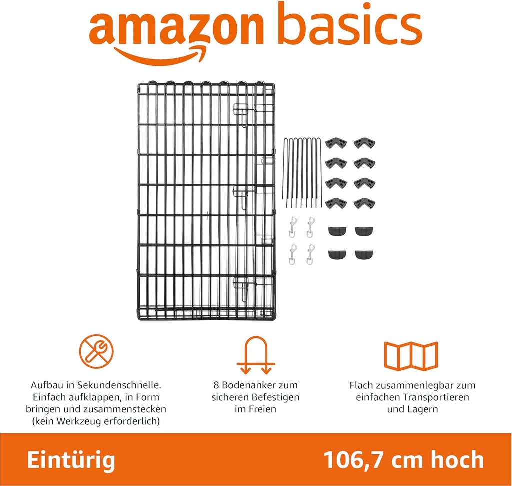 Amazon Basics - Achteckig, Laufgehege für Hunde und andere Haustiere, faltbar, Metall, mit Tür,122 cm, Schwarz