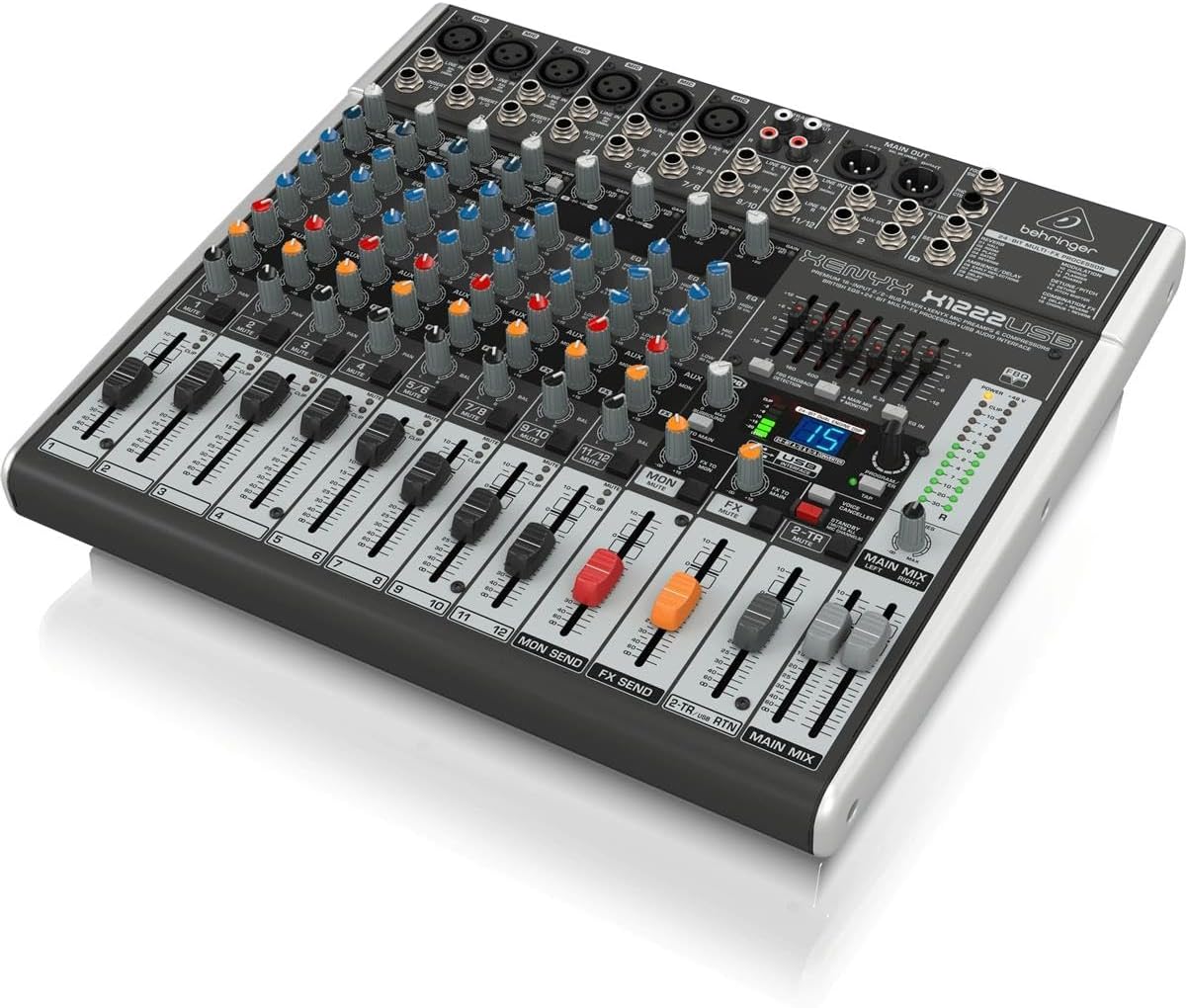 Behringer XENYX X1222USB Mixer premium a 16 ingressi e 2/2 bus con preamplificatori microfonici e compressori XENYX, EQ britannico, processore multieffetti a 24 bit e interfaccia audio/USB