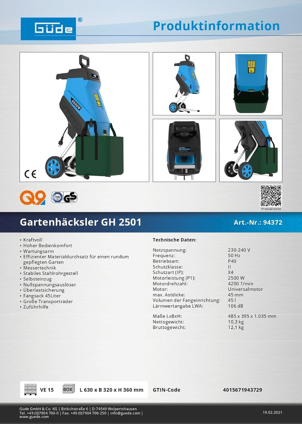 Güde Gartenhäcksler GH 2501 (2500 W, Messertechnik, wartungsarm, Selbsteinzug, Transporträder, Überlastsicherung, max. Astdicke 45 mm, inkl. Fangsack 45 L und Zuführhilfe)