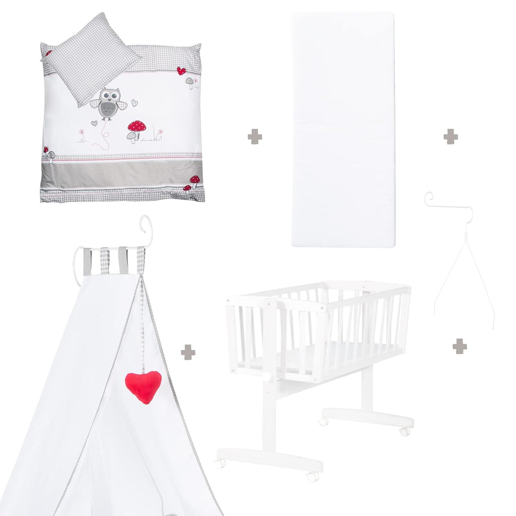 roba Babywiege 40 x 90 cm Adam & Eule - Stubenwagen & Wiege mit Rollen - Bett Set komplett mit Feststellfunktion - Inkl. textiler Ausstattung - Holz weiß