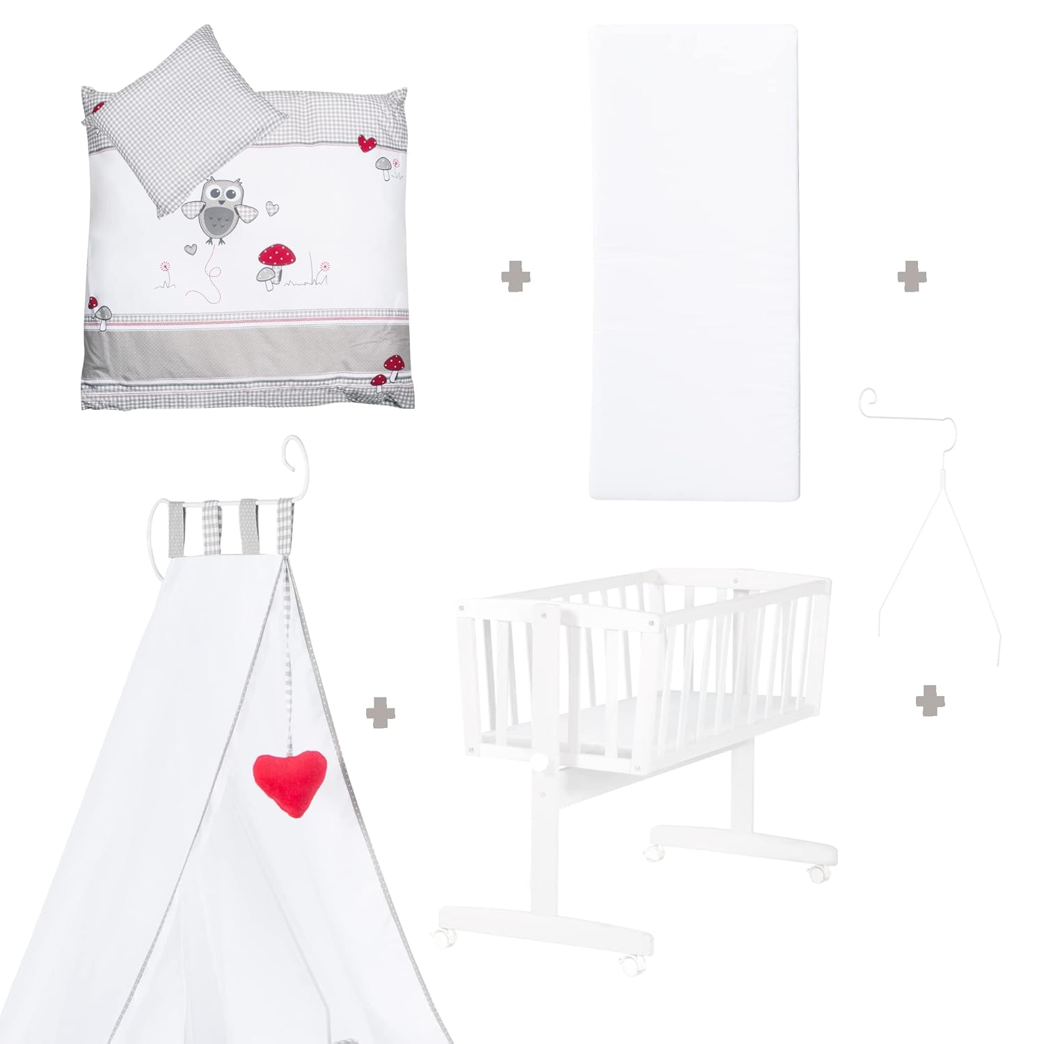 roba Babywiege 40 x 90 cm Adam & Eule - Stubenwagen & Wiege mit Rollen - Bett Set komplett mit Feststellfunktion - Inkl. textiler Ausstattung - Holz weiß