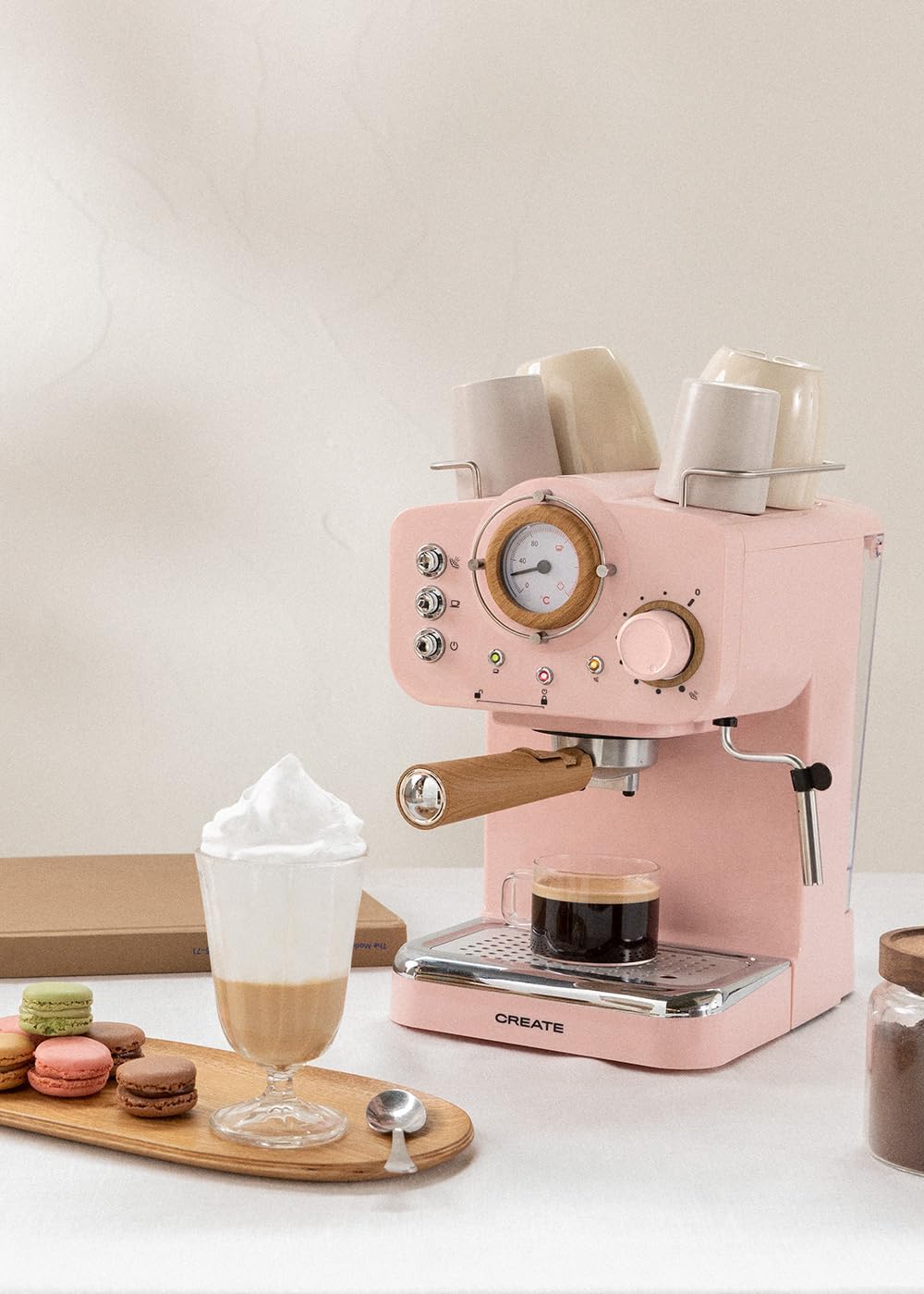 CREATE / THERA RETRO/Macchina da caffè espresso semiautomatica Rosa Pastello Opaco e Legno / Pompa a pressione 20bar, 1100W, Serbatoio acqua 1.25L, per caffè macinato, cialde ESE 55mm, con vaporizzatore, 1100W