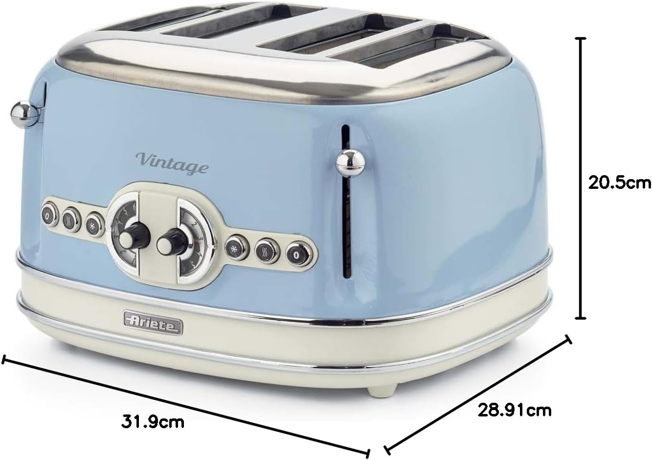 Ariete Vintage 156, 4-Scheiben-Toaster, Retro Toaster mit 6 Toaststufen, Automatischer Auswurf, Auftaufunktion, Herausnehmbares Krümelfach, Gehuse aus Edelstahl, 1600W, Beige