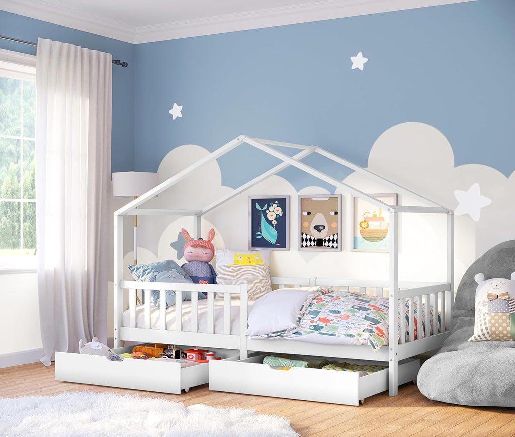 Bellabino Lettino per bambini Bia 140x200 cm, letto a capanna per bambini con protezione anticaduta e rete a doghe arrotolabile, letto a terra Montessori bianco in legno massello di pino