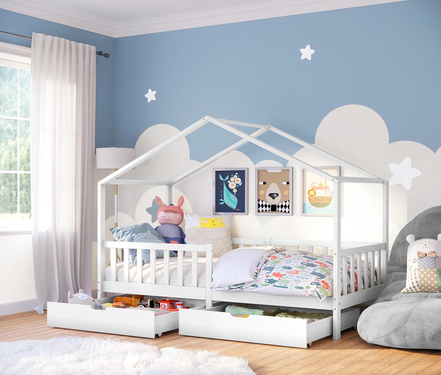Bellabino Lettino per bambini Bia 140x200 cm, letto a capanna per bambini con protezione anticaduta e rete a doghe arrotolabile, letto a terra Montessori bianco in legno massello di pino