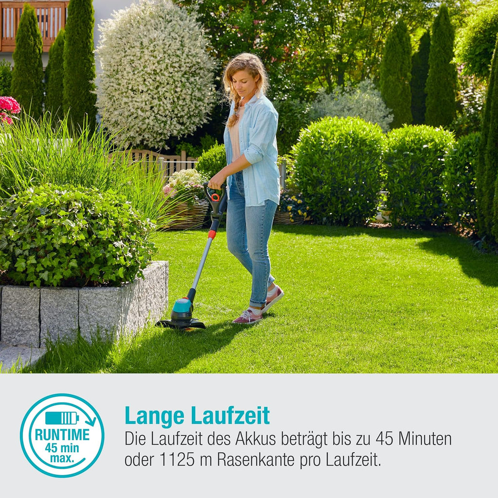 Gardena Akku-Trimmer EasyCut 23/18V P4A Ready-to-Use Set: Rasentrimmer mit 230 mm Schnittkreis, Verstellbarer Griff, Pflanzenschutzbügel und Stielneigungsverstellung, inkl. 18 V P4A Akku (14700-20)