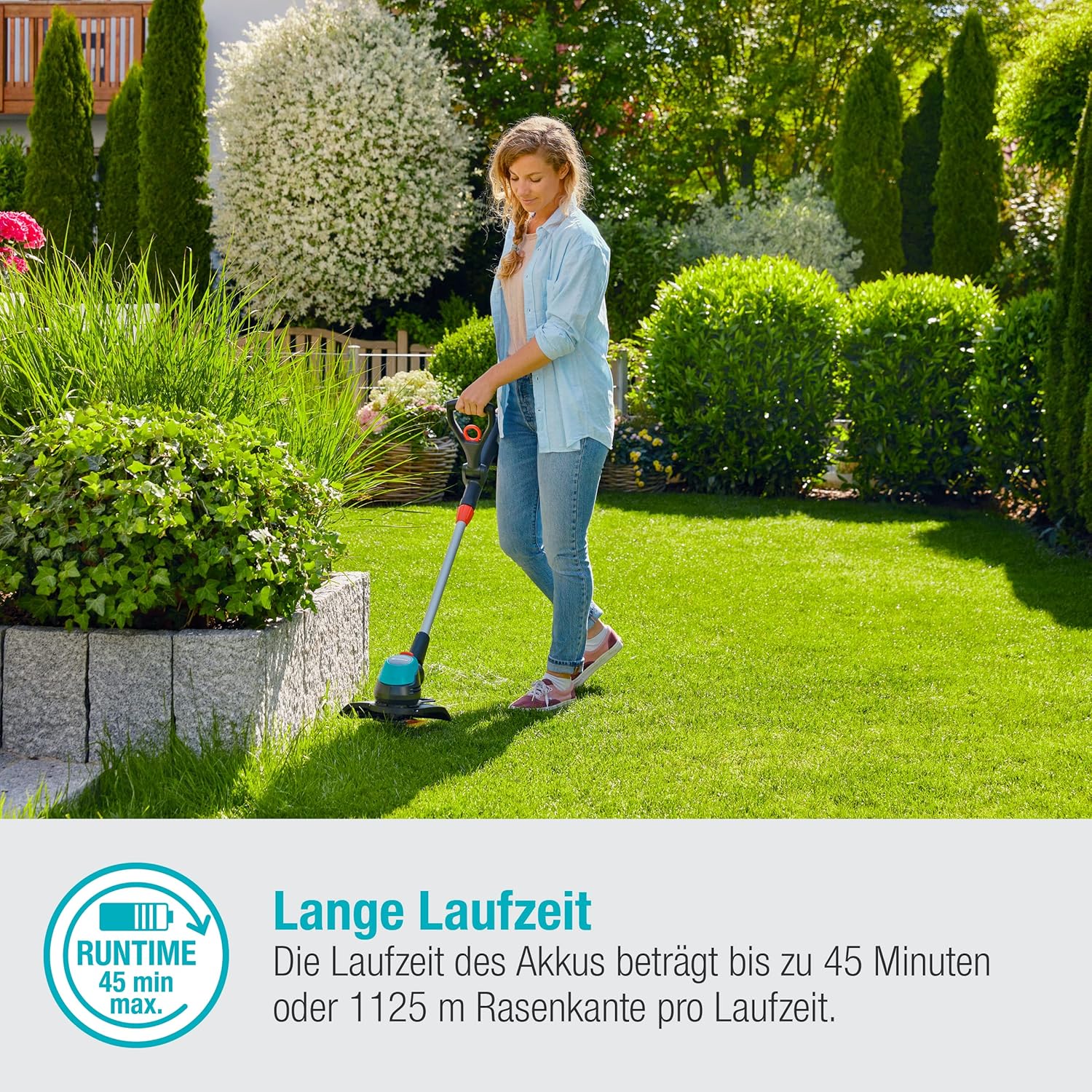 Gardena Akku-Trimmer EasyCut 23/18V P4A Ready-to-Use Set: Rasentrimmer mit 230 mm Schnittkreis, Verstellbarer Griff, Pflanzenschutzbügel und Stielneigungsverstellung, inkl. 18 V P4A Akku (14700-20)