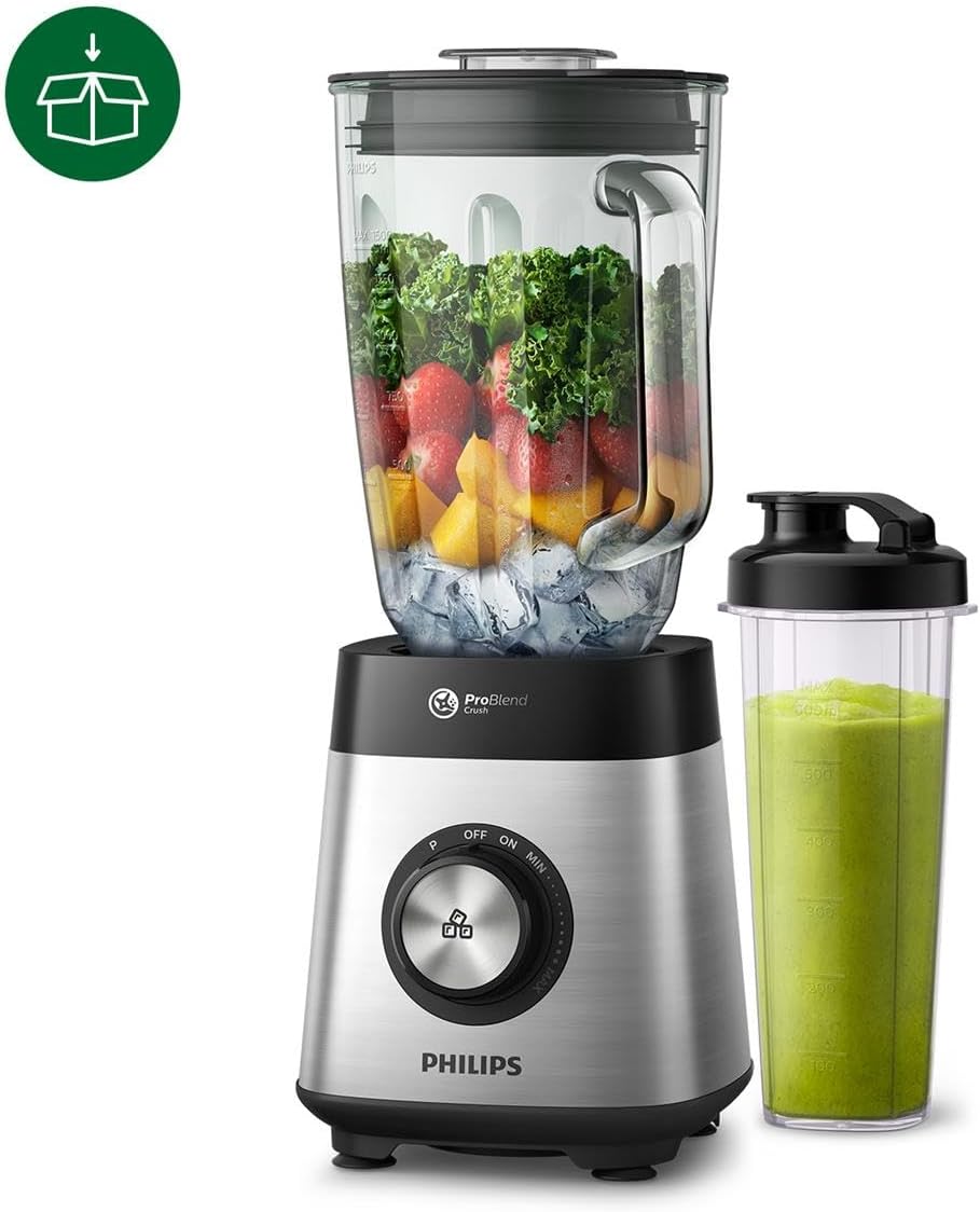 Philips Frullatore da tavolo e per smoothie – 1000 W, caraffa in vetro da 2 litri, app HomeID, velocità variabile, ProBlend Crush, bicchiere da viaggio (HR3573/90)