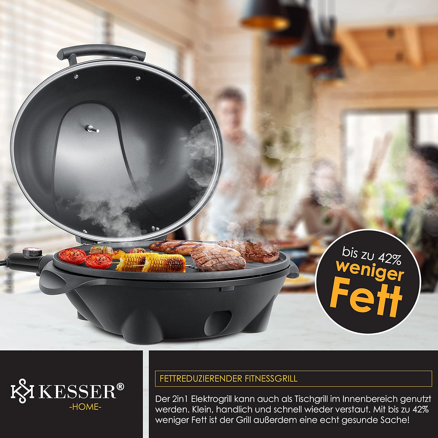 KESSER® Barbecue elettrico 2 in 1 da tavolo e da terra con coperchio, base, termometro max. 2400 Watt, piastra antiaderente XXL, ripiano, barbecue elettrico a colonna, set per barbecue incluso