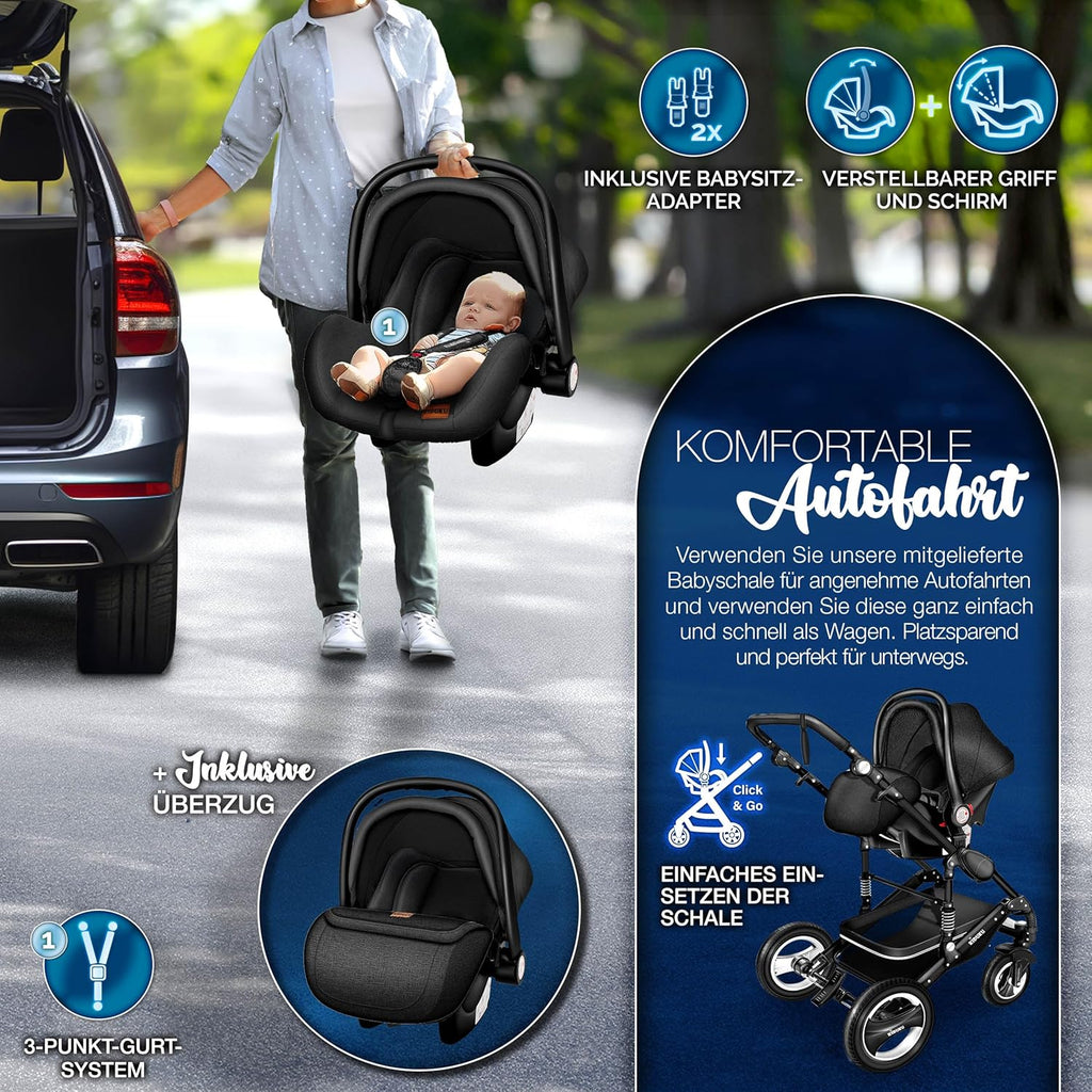 KIDUKU® Set completo passeggino 3 in 1 | Set passeggino combinato con navicella e sedile sportivo passeggino e seggiolino auto ovetto sacco a pelo | Ruote in gomma piena borsa per il cambio scaldamani parapioggia tavolino ECE R129