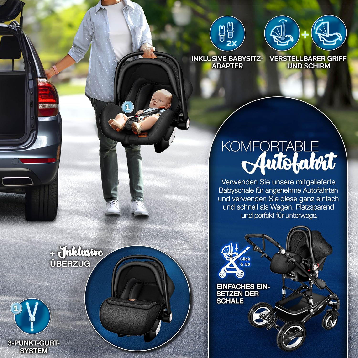 KIDUKU® Set completo passeggino 3 in 1 | Set passeggino combinato con navicella e sedile sportivo passeggino e seggiolino auto ovetto sacco a pelo | Ruote in gomma piena borsa per il cambio scaldamani parapioggia tavolino ECE R129