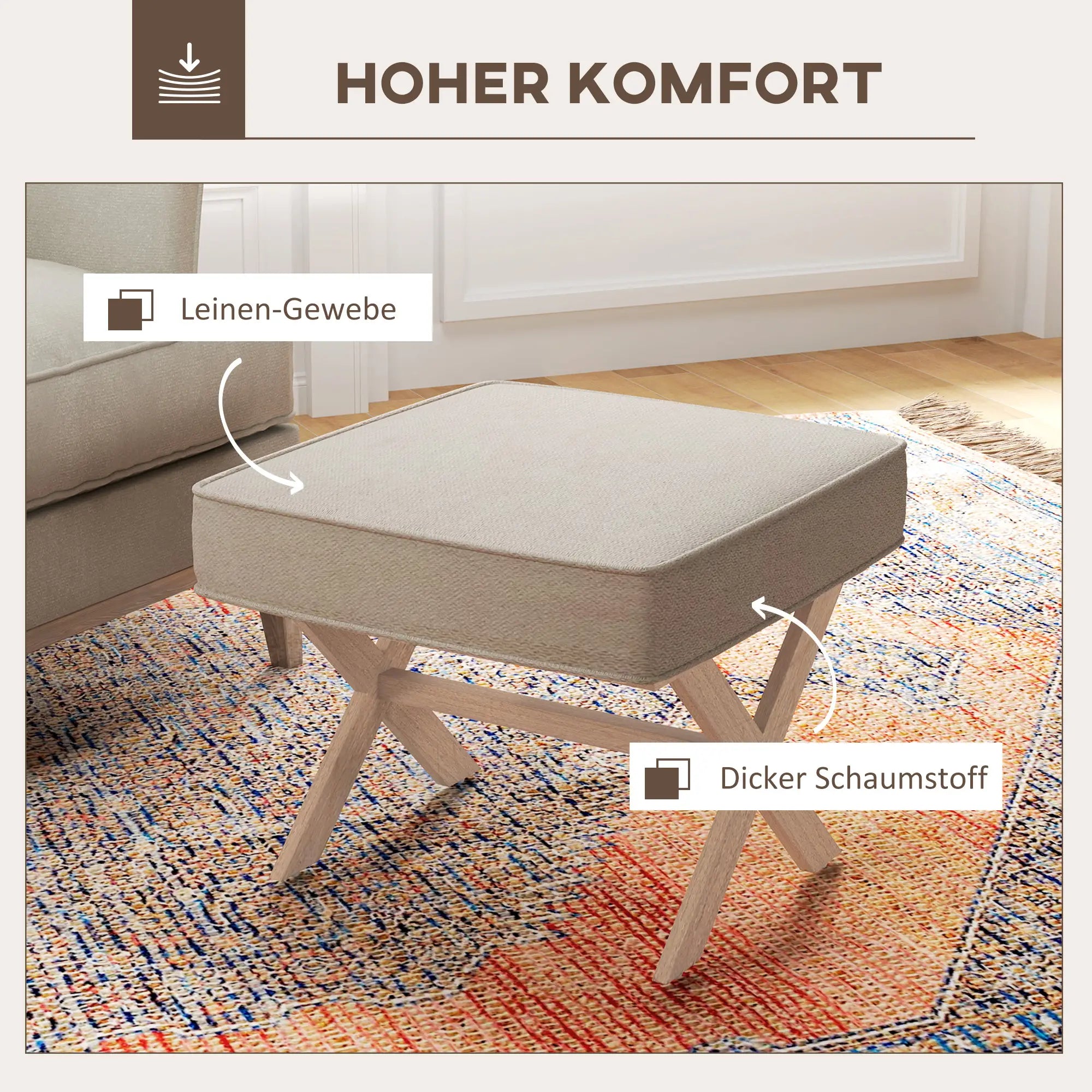 HOMCOM Sitzhocker mit Leinenoptik & Antirutschmatte – Cremeweiß