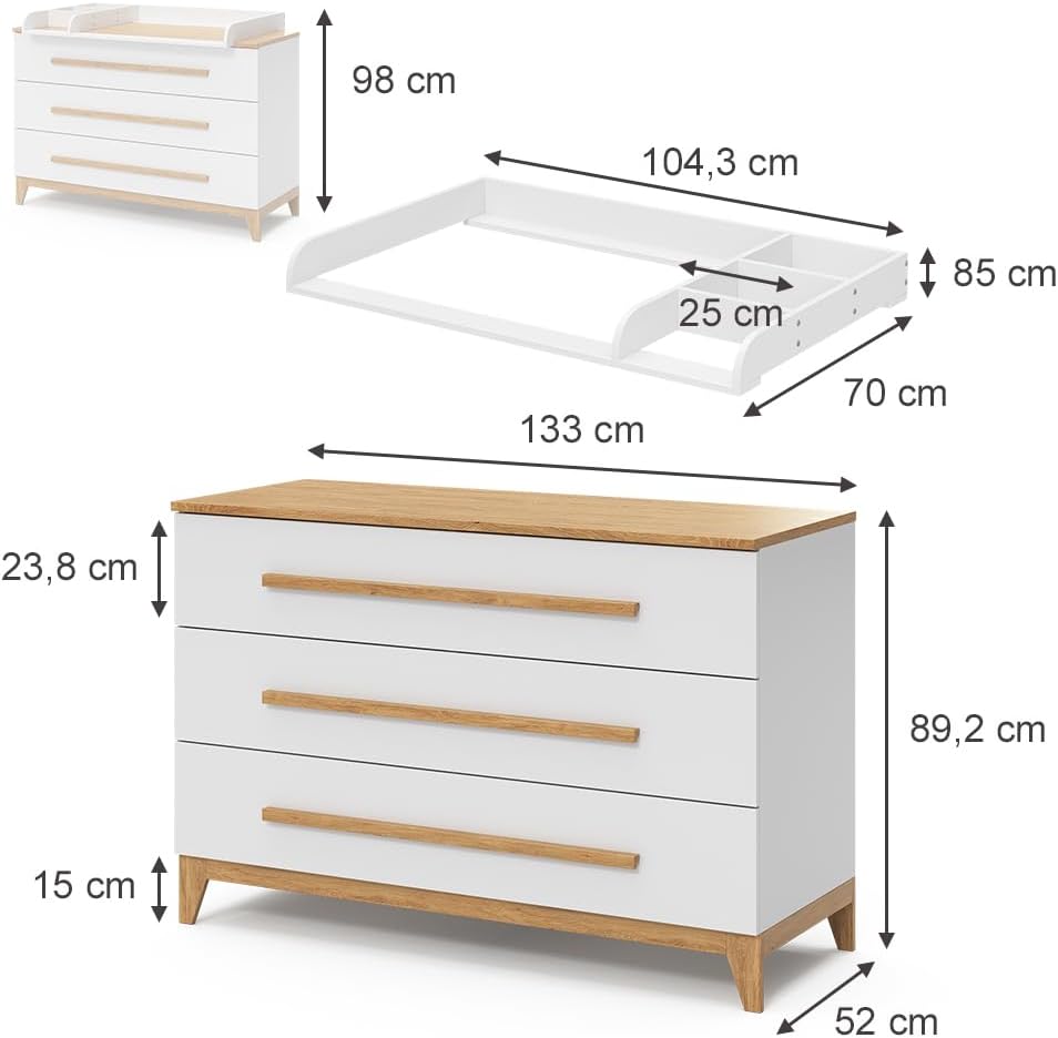 VitaliSpa Fasciatoio Malia, bianco/rovere, 133 x 98 cm XL con 3 cassetti
