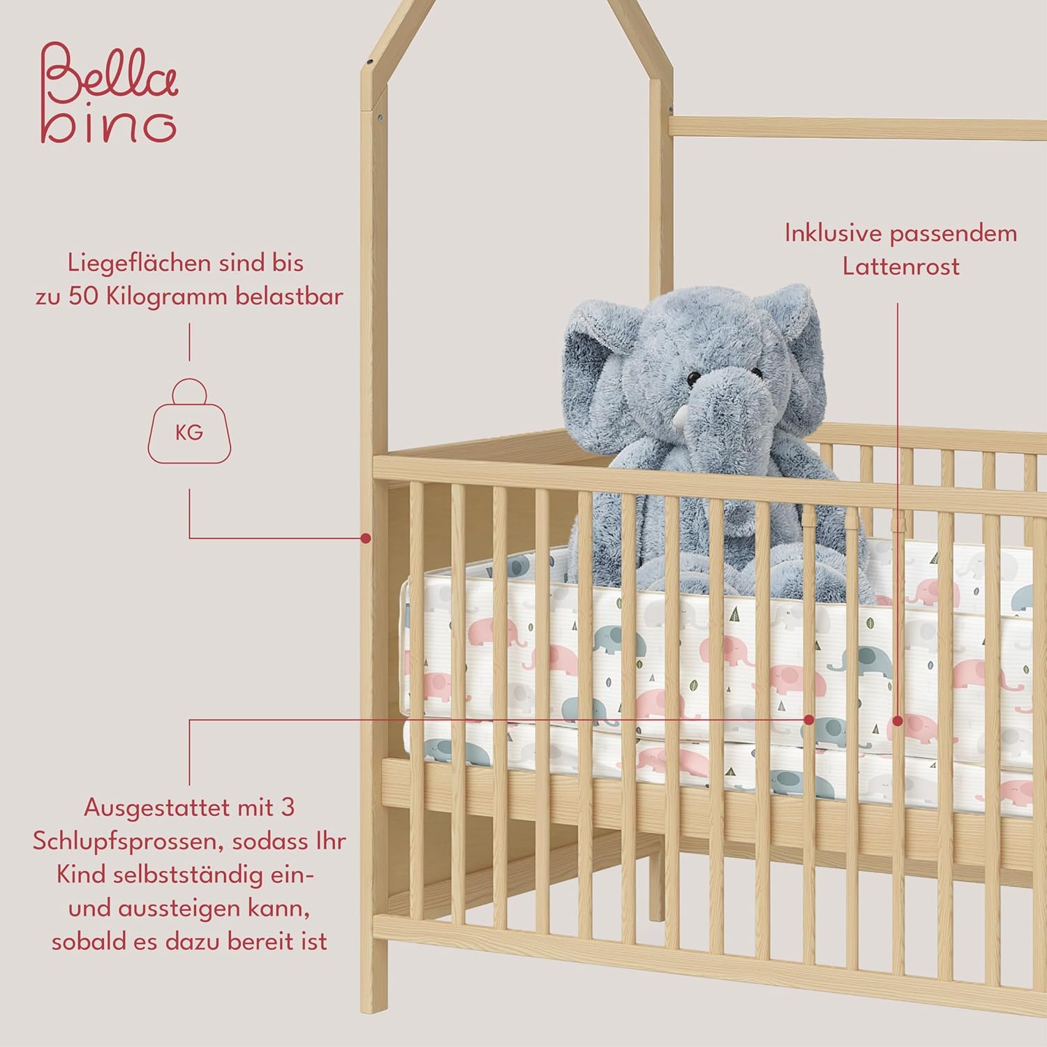Bellabino Nika Lettino a capanna 70 x 140 cm, letto con sbarre e lettino a capanna per bambini e neonati in pino massiccio bianco, regolabile in altezza su 3 posizioni, incl. rete a doghe