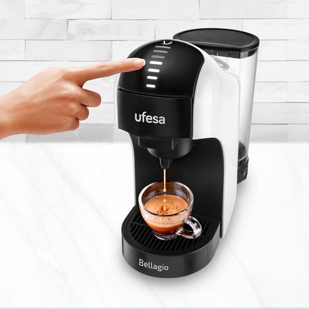 Ufesa Bellagio 3-in-1 Multi-Capsule Coffee Machine for Nespresso Original Capsule, Dolce Gusto or Ground Coffee, Digital Touch Panel with 7 Levels, 1 L Water Tank, 1400 W, 15 Bar Pressure, Compact