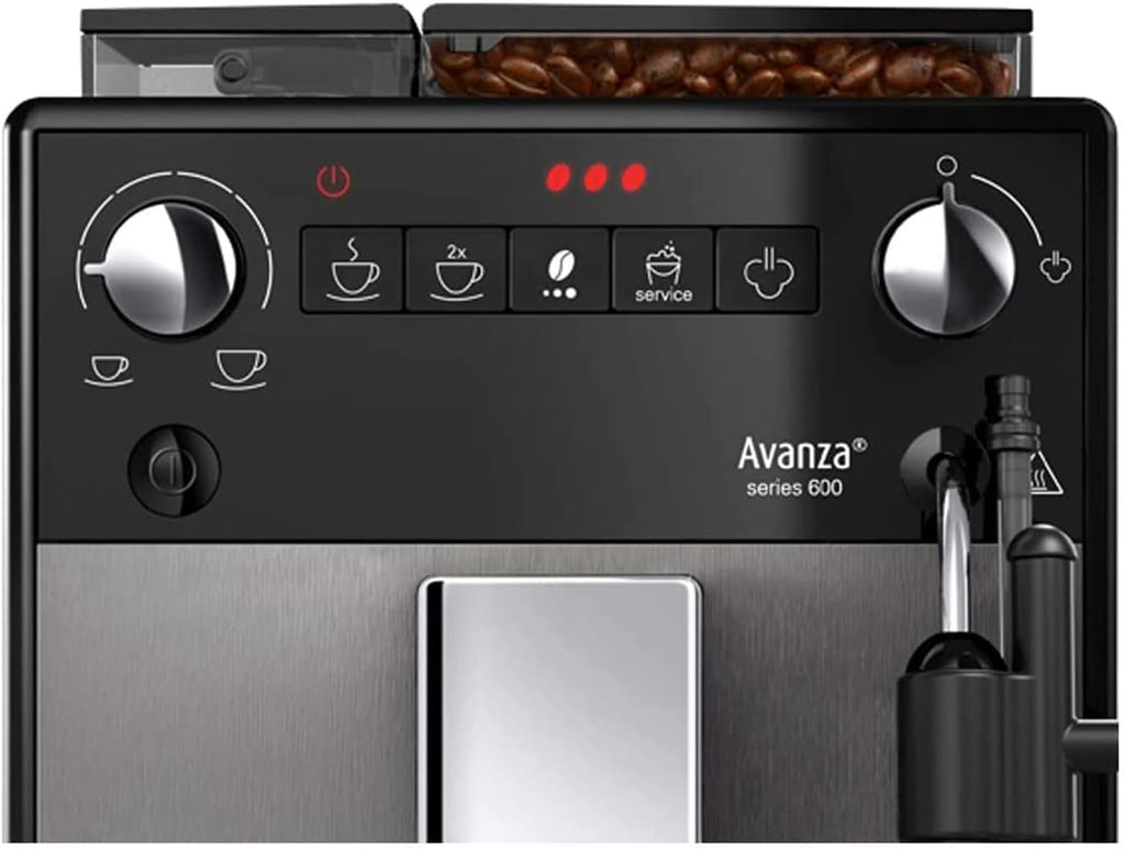 Melitta Avanza - Kaffeevollautomat mit Milchsystem, Kaffeemaschine mit Mahlwerk und extragroßem Wassertank (1,5 l) für z. B. Cappuccino oder Espresso, mystic titan
