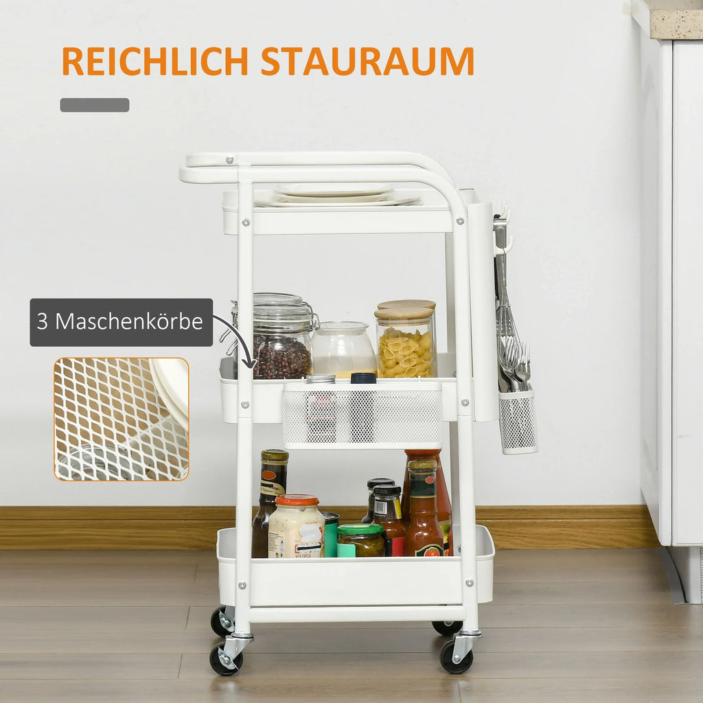HOMCOM Carrello Cucina Carrellino Salvaspazio con 3 Cesti e Ruote Bianco