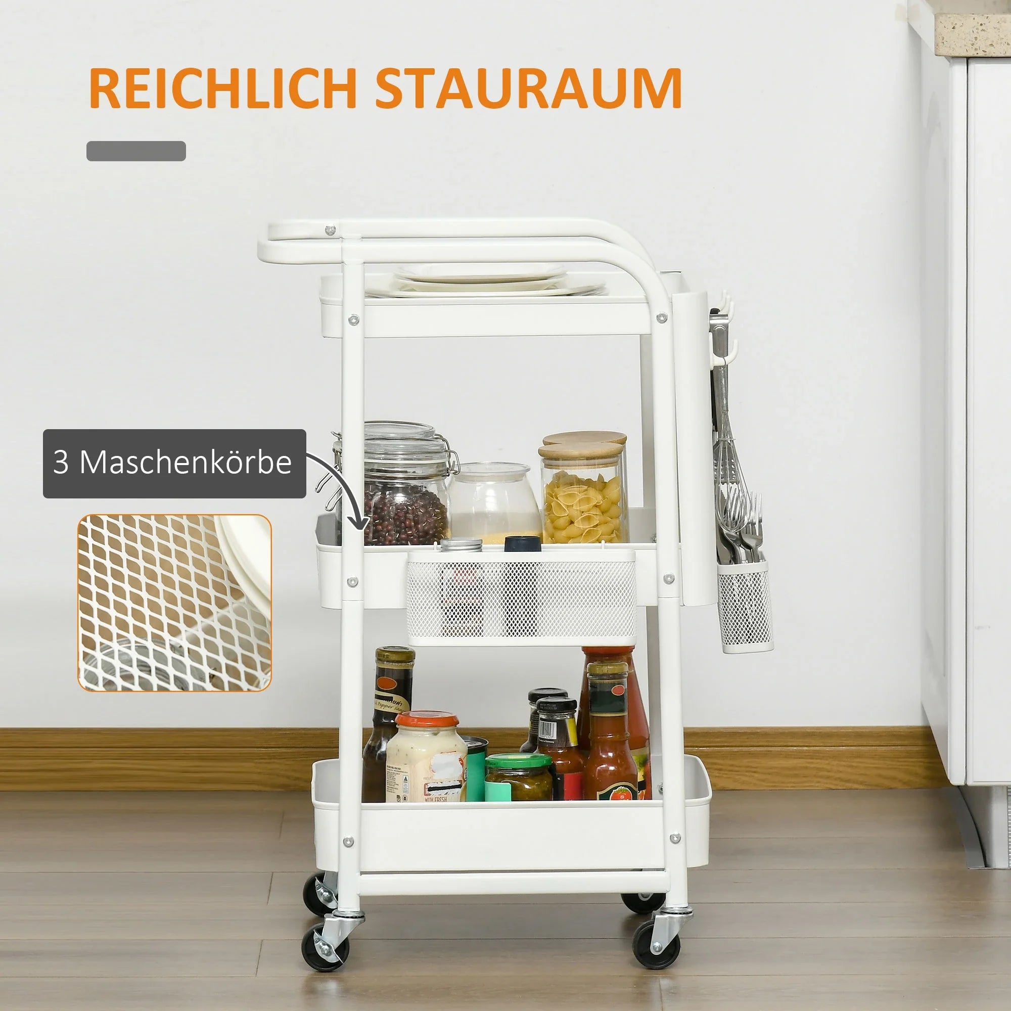 HOMCOM Carrello Cucina Carrellino Salvaspazio con 3 Cesti e Ruote Bianco