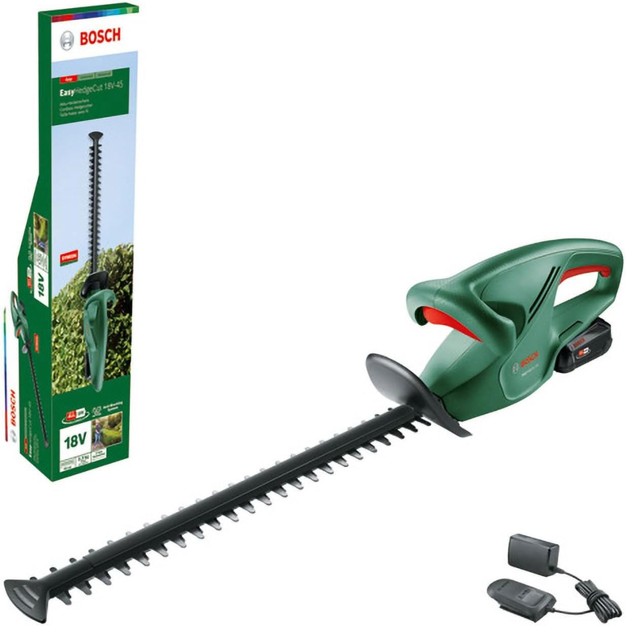 Bosch Akku Heckenschere EasyHedgeCut 18-45 (2 Akkus 2,0 Ah, 18-Volt-System, Messerlänge 45 cm, im Karton)