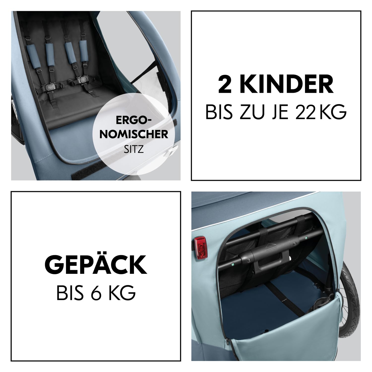 hauck Rimorchio Bici & Passeggino Dryk Duo Plus con Sospensioni, per 2 Bambini (6-48 mesi), incl. Timone, Ruota da Passeggino, Bandierina e Luce LED, Pieghevole, Regolabile in Altezza, Baule XL (Verde Scuro)