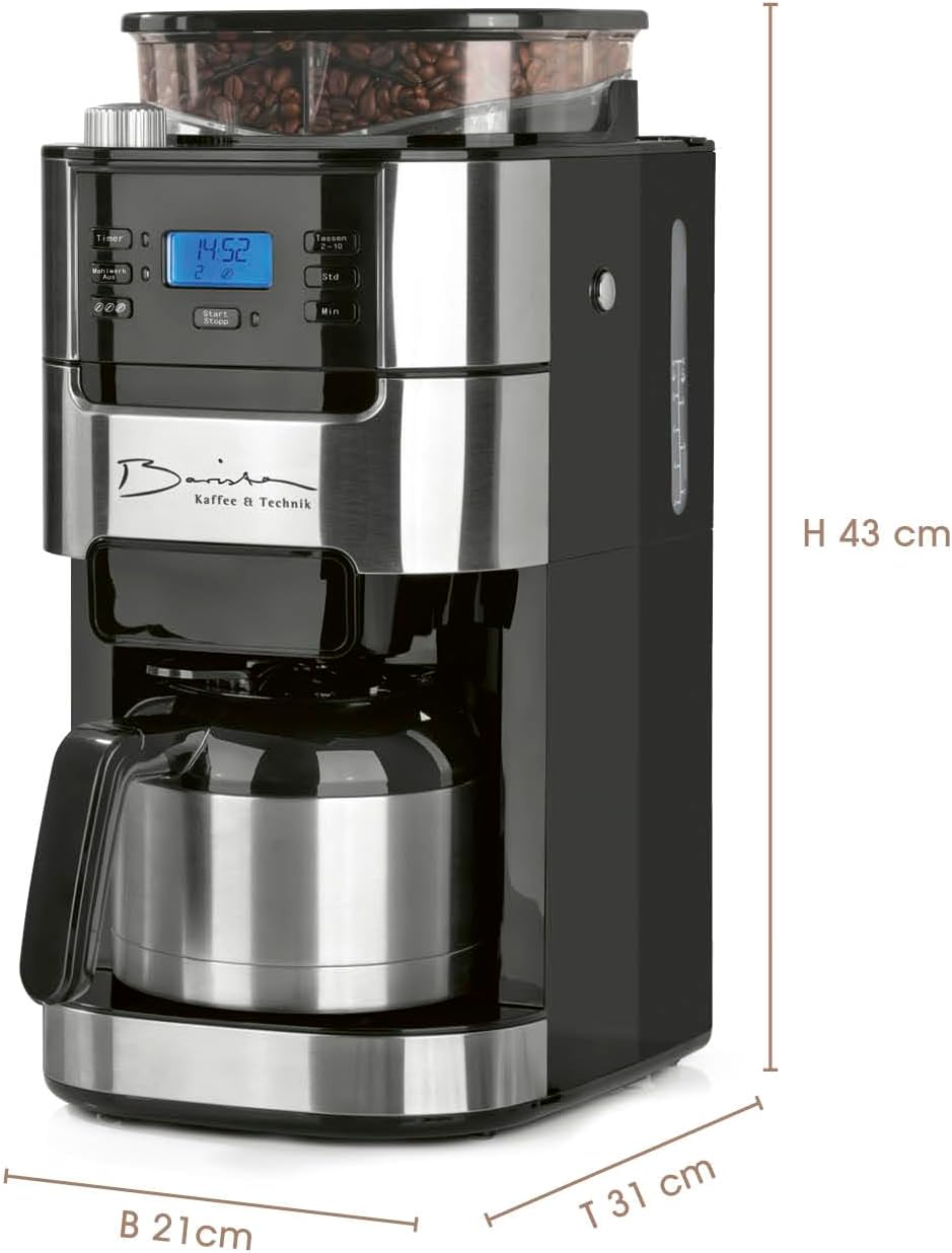 Barista Kaffeemaschine mit Mahlwerk | Filterkaffeemaschine mit Glaskanne | 900W Filtermaschine mit Touchdisplay & Timerfunktion für bis zu 10 Tassen | 1,25 Liter Kaffeekanne | Für Bohnen & Pulver