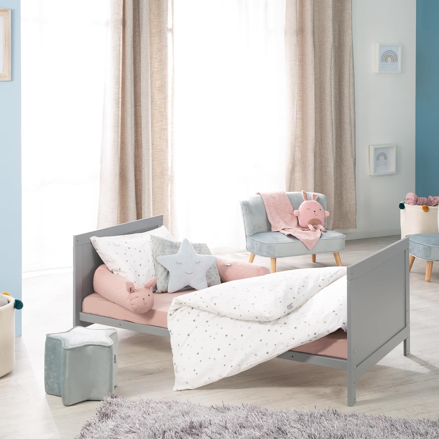 roba Lettino combinato 70 x 140 - Lettino con sbarre regolabile in 3 altezze - 3 pioli rimovibili - Lettino trasformabile in letto junior - Legno color tortora
