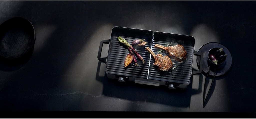 WMF Lono Master-Grill, Grill Elettrico, 50x28 cm, Grill Elettrico da Tavolo con Paravento e Vaschetta Raccogligocce, Certificato per Esterni per Barbecue, 2 Superfici di Cottura Regolabili Separatamente, 2400 W, Acciaio Inossidabile Opaco
