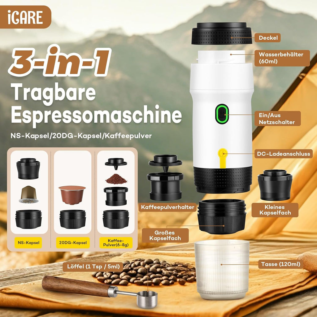 ICARE Macchina da Caffè Espresso Portatile 3-in-1, Pressione 20BAR, Estrazione a Caldo 92°C, 7500mAh, Ricarica USB/Auto, Compatibile con Capsule e Polvere di Caffè, Bianco
