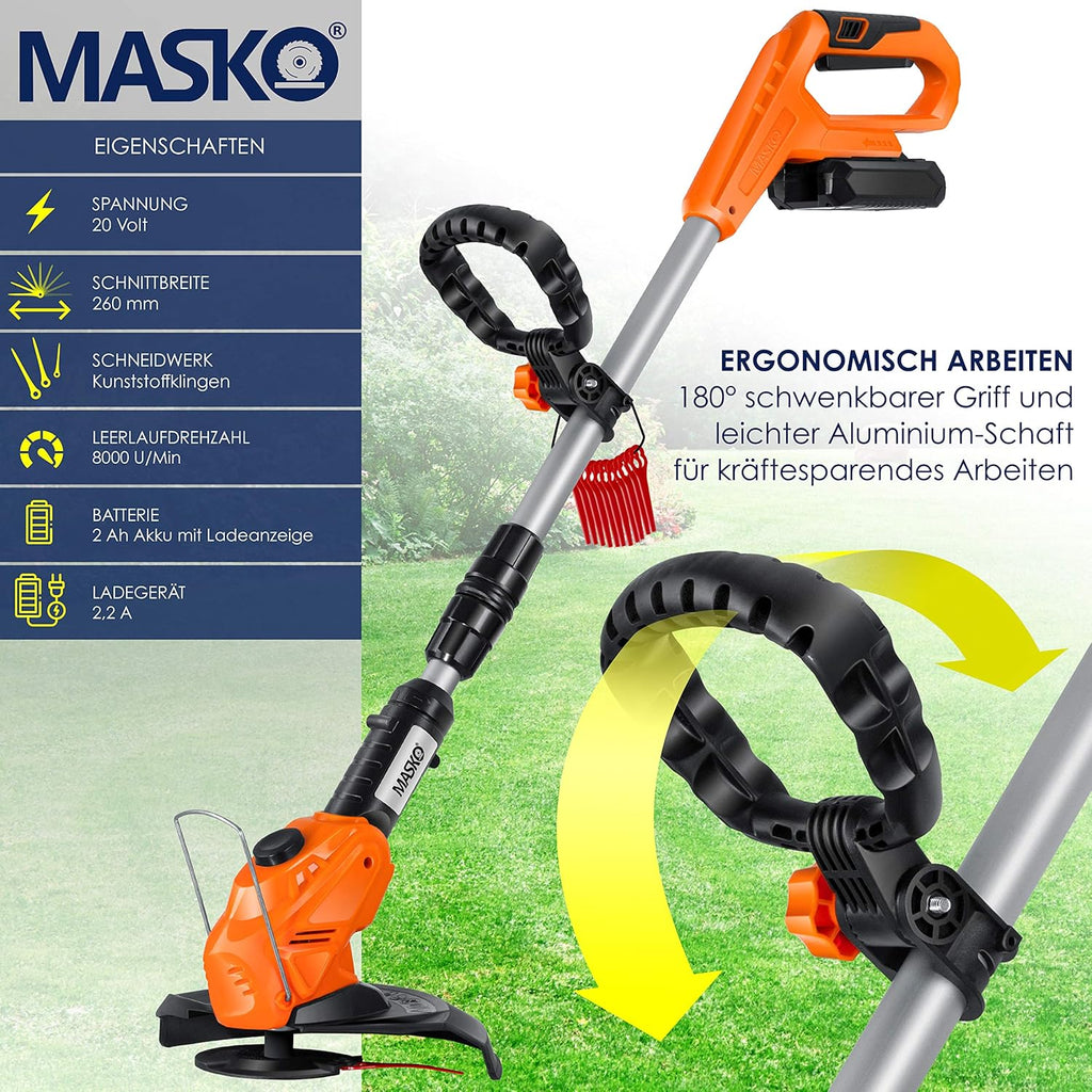 MASKO Decespugliatore a batteria con batteria al litio da 20 V, batteria da 2,0 Ah e caricabatterie, larghezza di taglio 26 cm, angolo di taglio 180°, manico telescopico e impugnatura aggiuntiva, incl. 20 lame in plastica, grigio