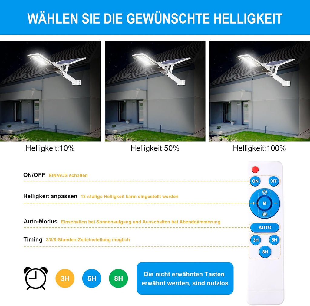 BTTO Solarlampen für Außen mit Fernbedienung,6500K Solar LED Strahler mit 180° Beleuchtungsbereich,IP65 Wasserdichte Dimmbare Solarleuchten Gärten,Wegeleuchten Outdoor für Wand Straße Garage