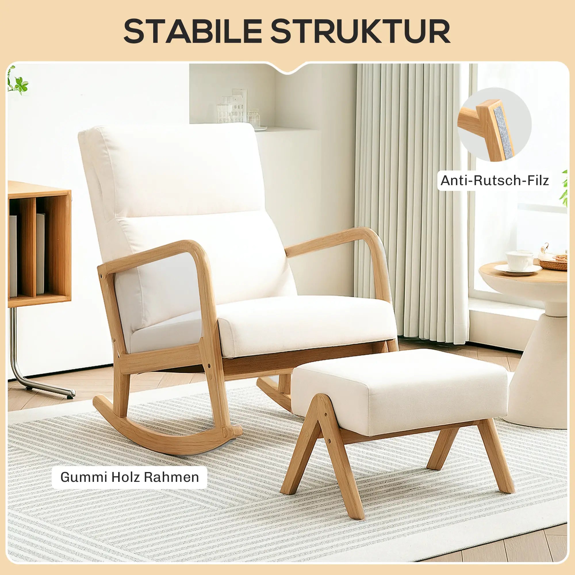 HOMCOM Poltrona a dondolo con pouf, dondolio rilassante, bianco crema