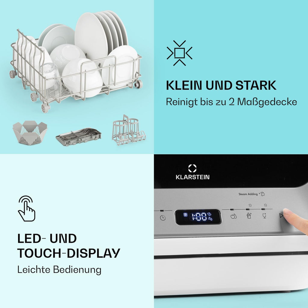 Klarstein ia Mini Lavastoviglie, lavastoviglie con spazio per 2 coperti, 6 programmi, richiede 5 litri d'acqua, display a LED, touch, lavastoviglie da tavolo incl. accessori, nero
