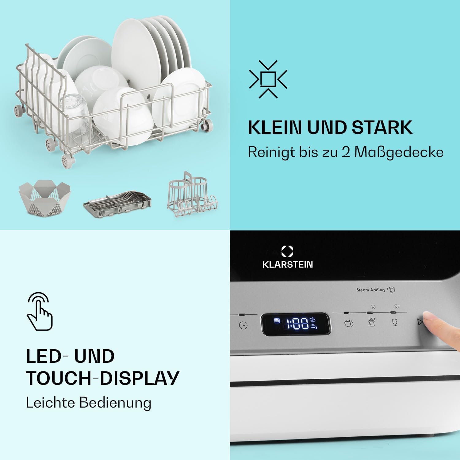 Klarstein ia Mini Lavastoviglie, lavastoviglie con spazio per 2 coperti, 6 programmi, richiede 5 litri d'acqua, display a LED, touch, lavastoviglie da tavolo incl. accessori, nero