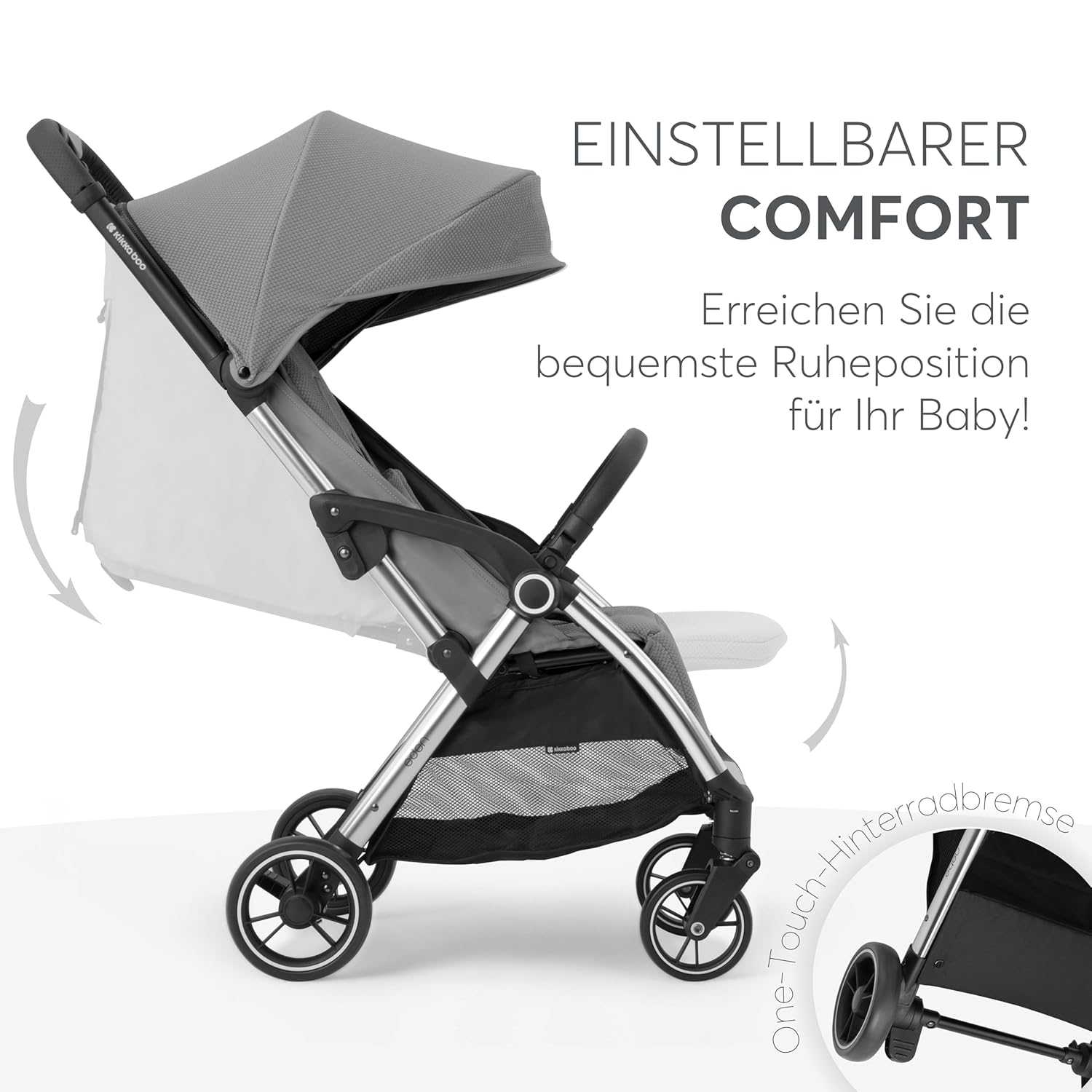 KikkaBoo EDEN Passeggino, passeggino fino a 22 kg, chiusura automatica, posizione reclinata, ultraleggero, compatto, nero
