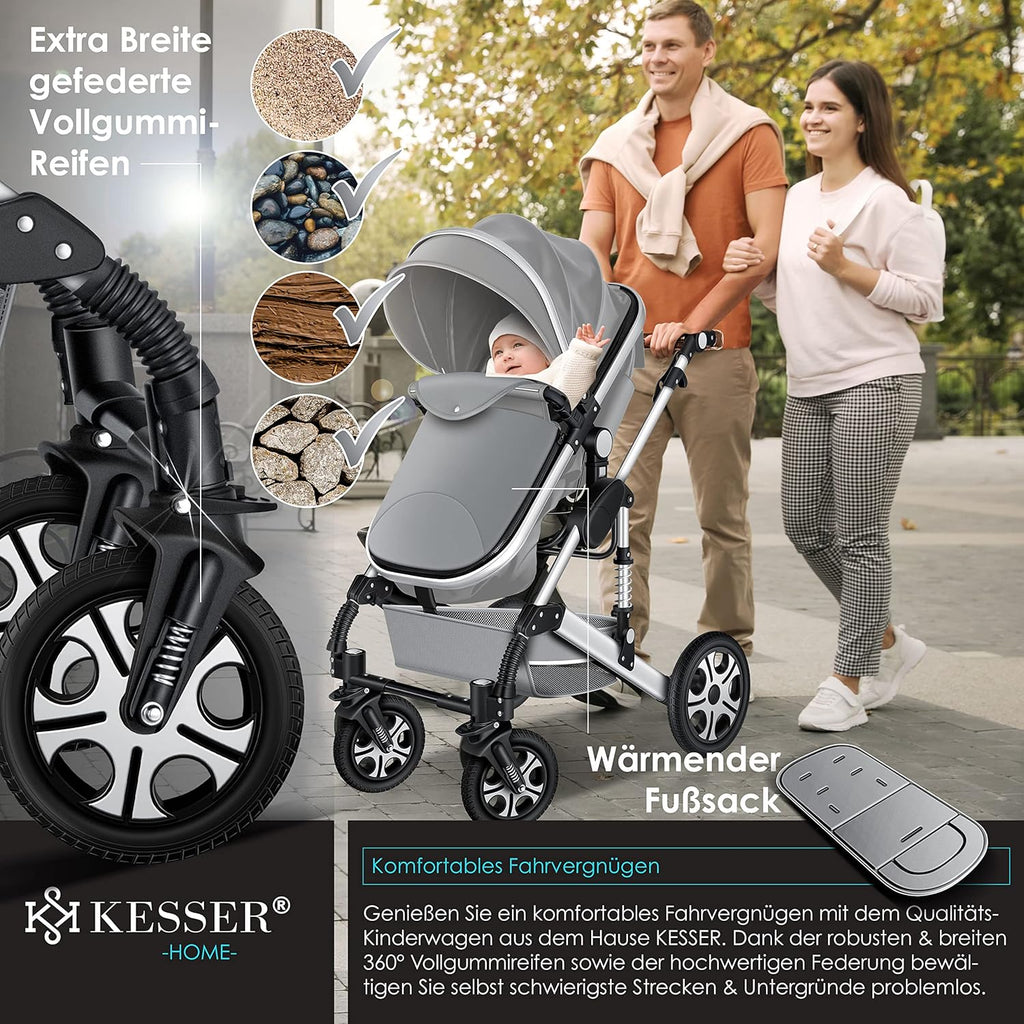 KESSER® Loops Passeggino Trio 3 in 1, Set Completo con Navicella, Seduta Passeggino e Seggiolino Auto Ovetto, Ruote in Gomma Piena, Borsa Fasciatoio, Parapioggia, Tavolino, ECE R129, Nero/Champagne