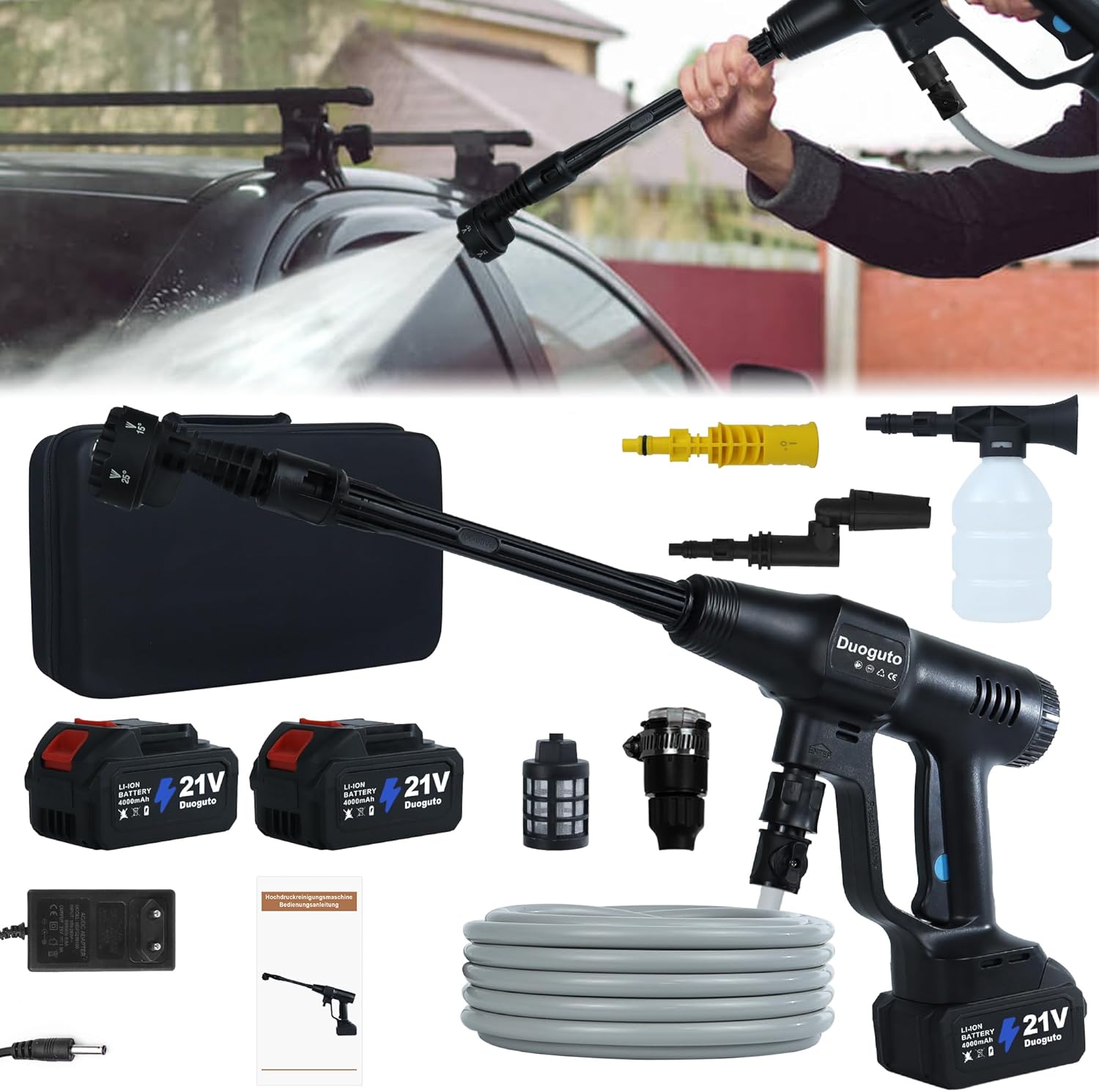 Duoguto 100Bar Akku Hochdruckreiniger Kabelloser, Tragbarer Hochdruckreiniger mit 2 4000mAh Akkus, 6-in-1-Düse für Auto/Boden/Zaun/Gehweg