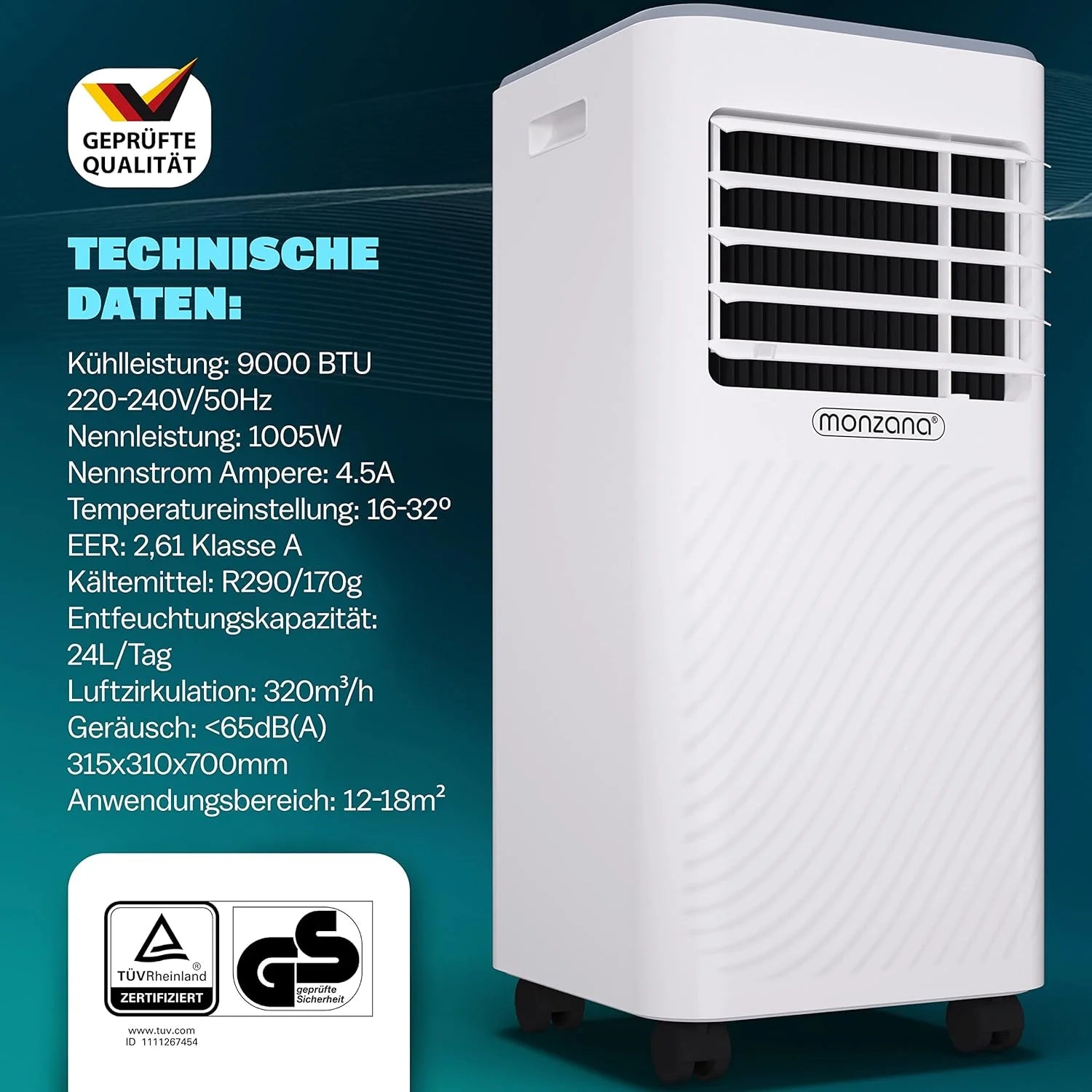 Condizionatore portatile Monzana® MZKA2000 con tubo di scarico 7000BTU 3in1 750W Timer 24h 25mq Telecomando Deumidificatore Kit di serrande Aria condizionata